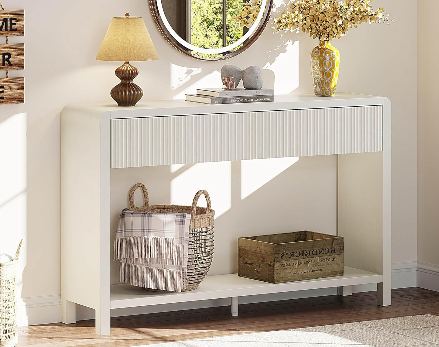 FATORRI Entryway Console Table with 2 Drawers, Modern Sofa Table for Living Room, Couch Tables Behind Sofa and Hallway Tables with Storage (47.2 inch, Antique White)