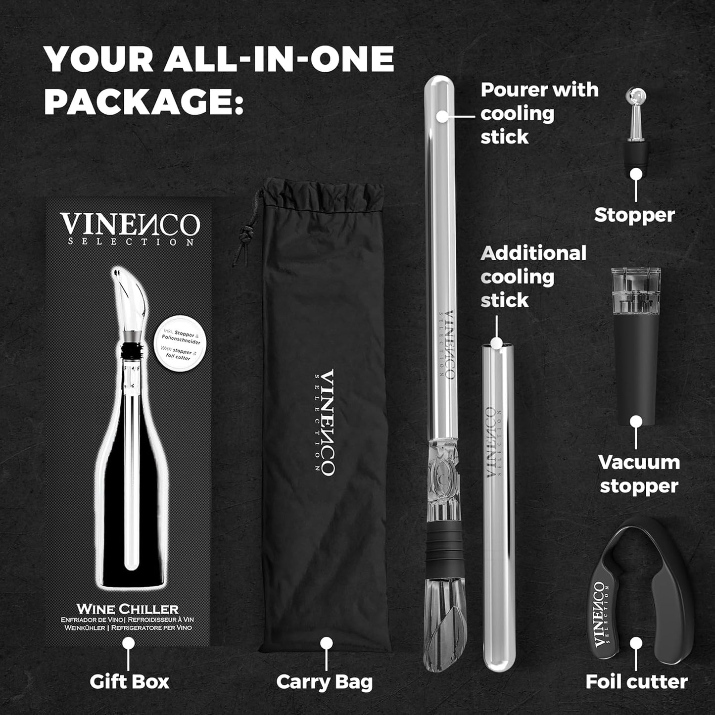 Wine Chiller Set & Chill Rods + Foil Cutter, Stopper, Ebook - Premium 7in1 Stainless Steel Bottle Cooler Stick, Decanting Aerator & Drip-Free Pourer | Bar Gift Men Women