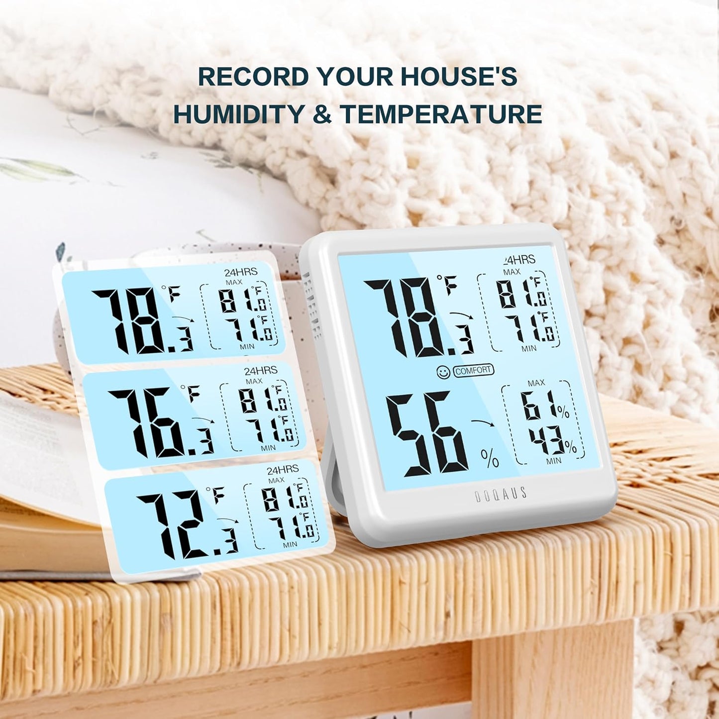 DOQAUS Digital Hygrometer Indoor Thermometer for House, Room Thermometer with 3s Fast Refresh & Max Min Records, Temperature Monitor Humidity Meter with Backlight, White