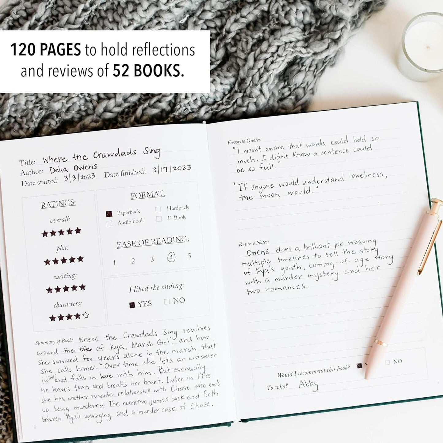DUNCAN & STONE PAPER CO. Reading Journal for Book Lovers, 120 Pages - Linen Bound Reading Log for Tracking Books - Easy-to-Use Daily Journal - Ideal Book Lovers Gifts, Emerald