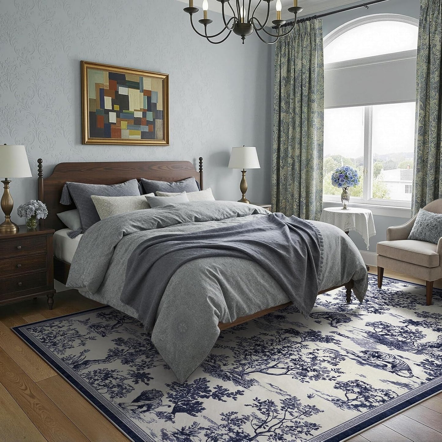 LIVEBOX 8x10 Area Rugs Toile Delft Blue Rug for Living Room, Washable Rug for Bedroom Dining Room Nursery Room, Soft Low Pile Non Slip, Vintage Animal Jungle Print Carpet Home Décor