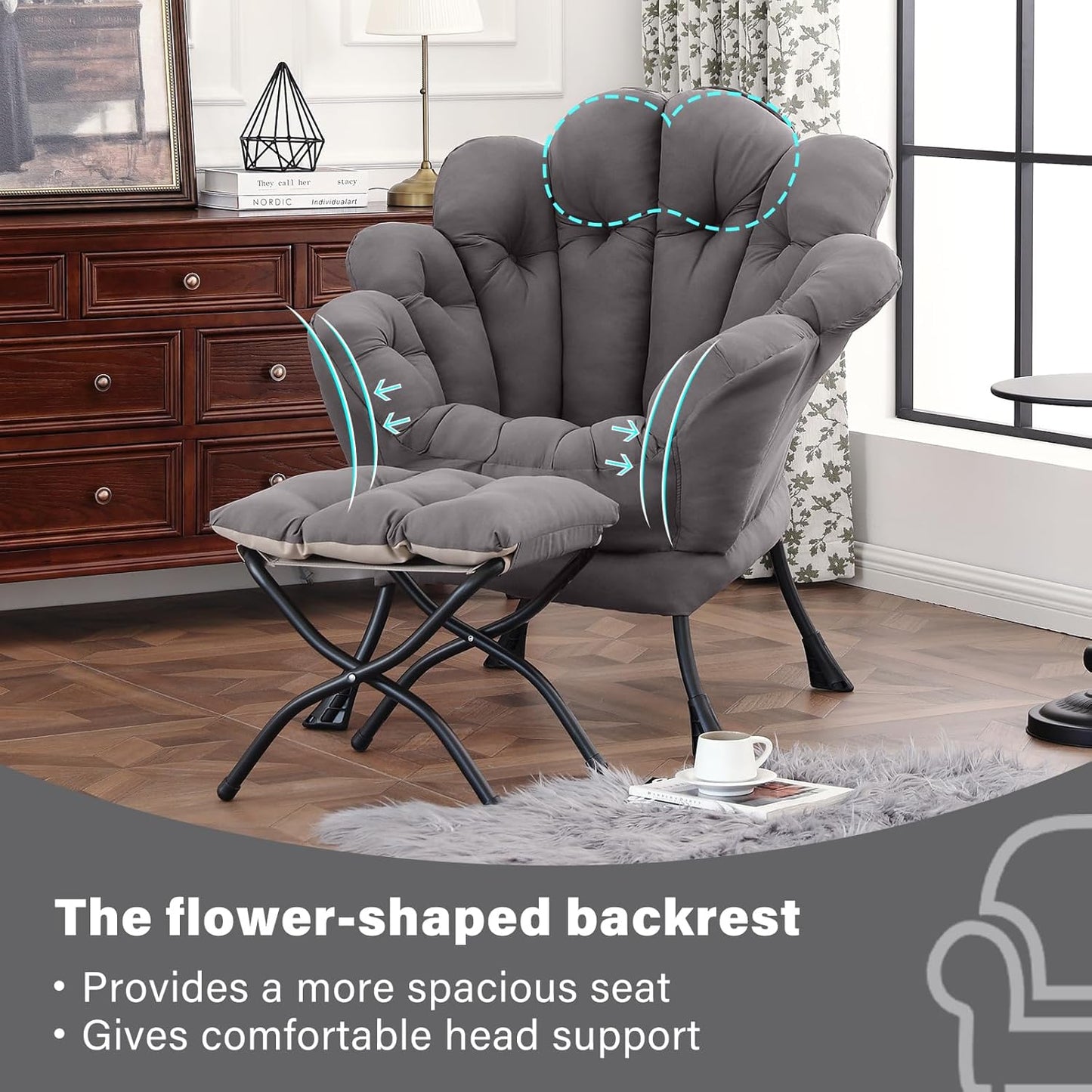 Lazy Chair with Ottoman, Modern Floral Reading Chair with Folding Footrest, Dark Grey Accent Chairs, Comfortable Oversized Armchairs for Bedroom, Living Room, Courtyard