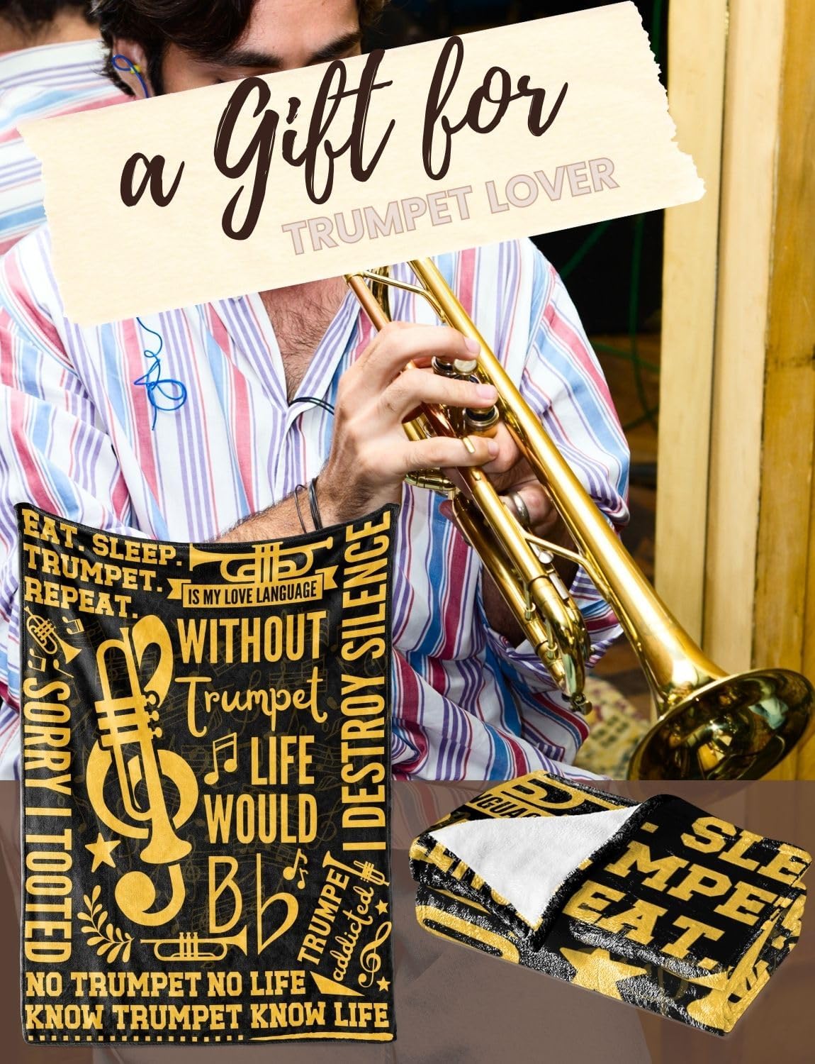 Trumpet Gifts, Trumpet Blanket for Women, Men, Trumpet Lovers, Masters, Players, Throw Blanket 50x65 Inche, Black