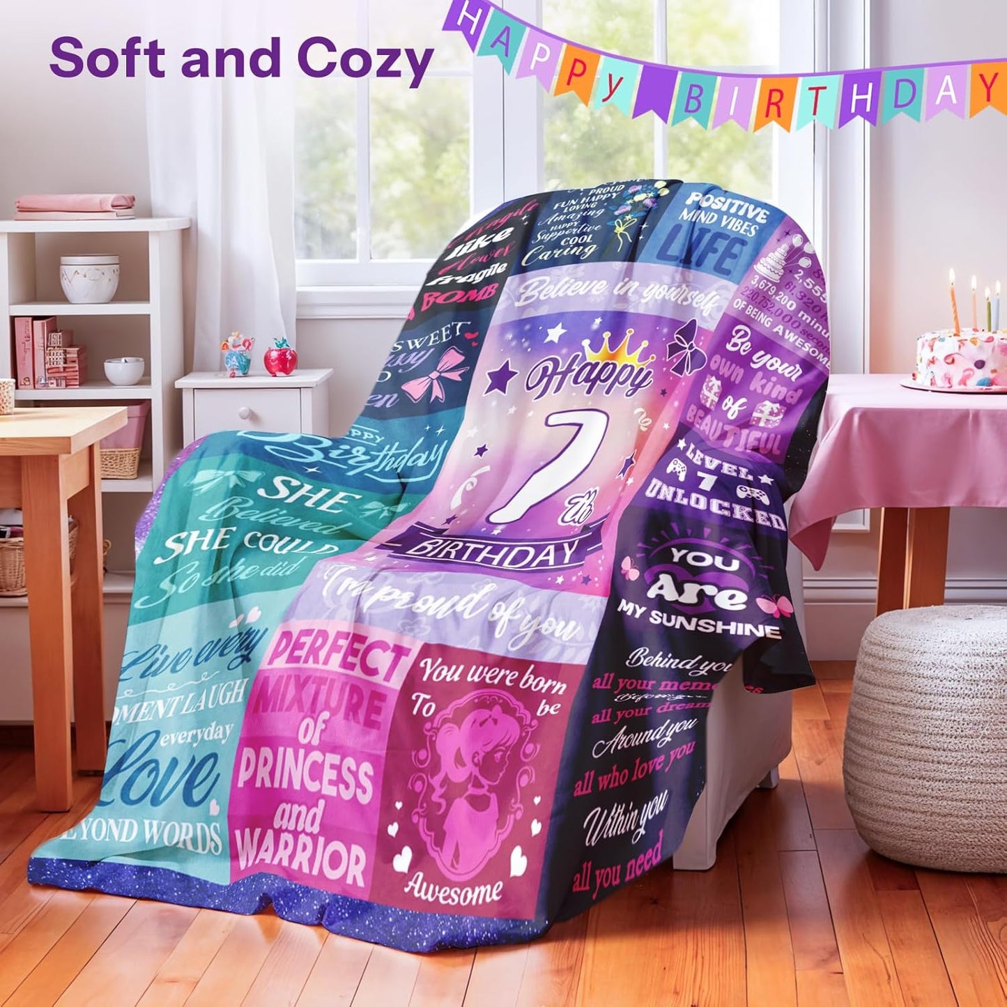 7 Year Old Girl Birthday Gift, Gifts for 7 Year Old Girls, Happy 7th Birthday Girls Throw Blanket 50 x 60 Inch, 7th Birthday Decorations for Girl