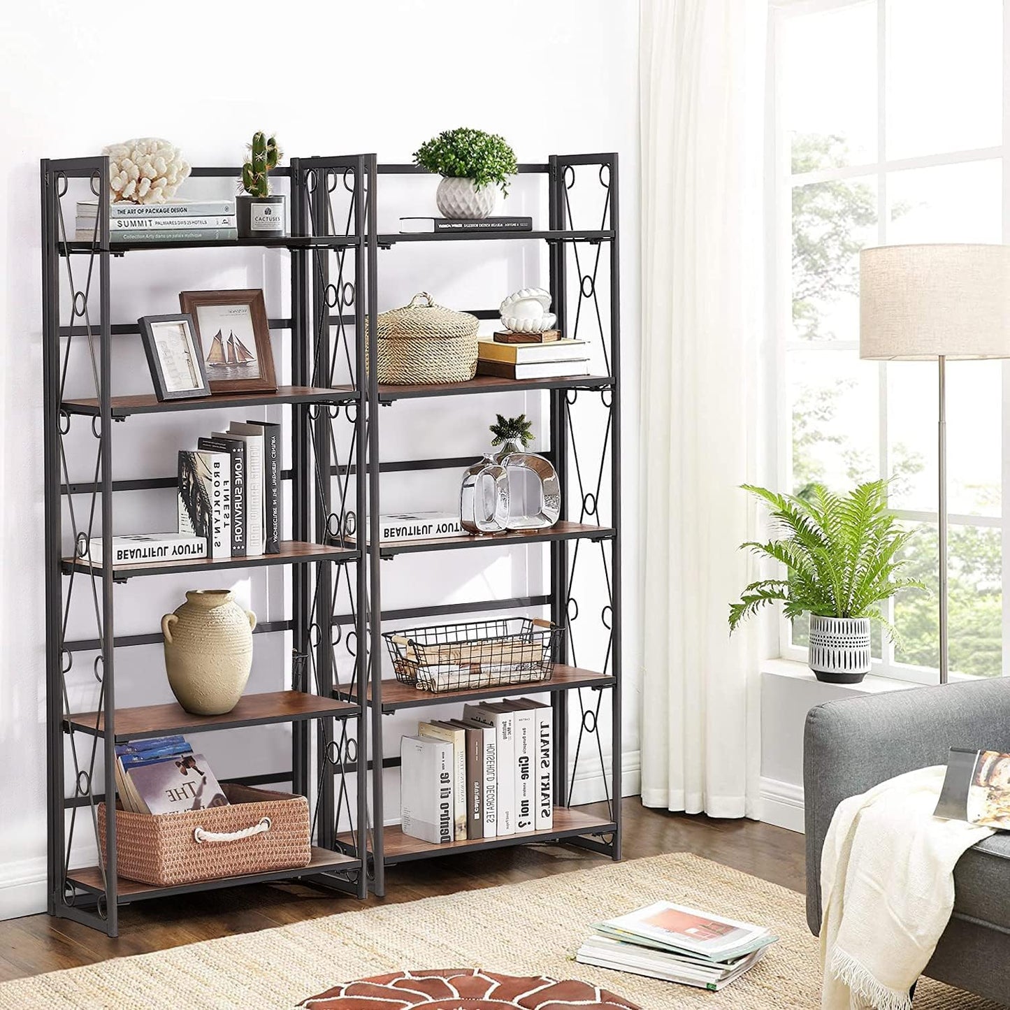 VECELO 5 Tier Bookshelf, Industrial Folding Bookcase with Metal Frames,Modern Standing Storage Rack Shelf Organizer for Home and Office,