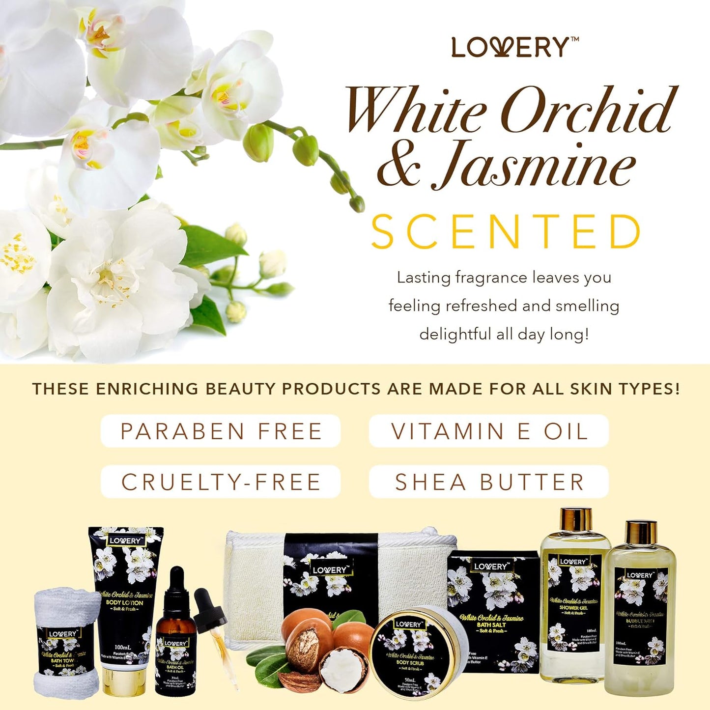 Gift Baskets for women Mom Gifts, Bath and Body Spa Set– Orchid & Jasmine Home Spa Set With Body Scrubs, Lotions, Oils, Gels and More - Care Package for Women & Men - 9 Piece Set