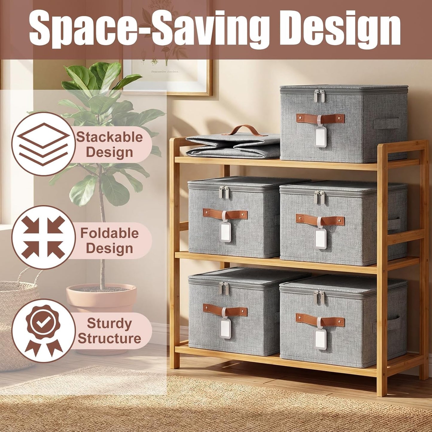 6 Pack Fabric Closet Storage Bins with Zipper Lids and Label, 10×8×7In Large Size Foldable Cotton Linen Storage Cubes Boxes with PU Leather Handles Holders for Bedroom, Shelf, Nursery, Gray