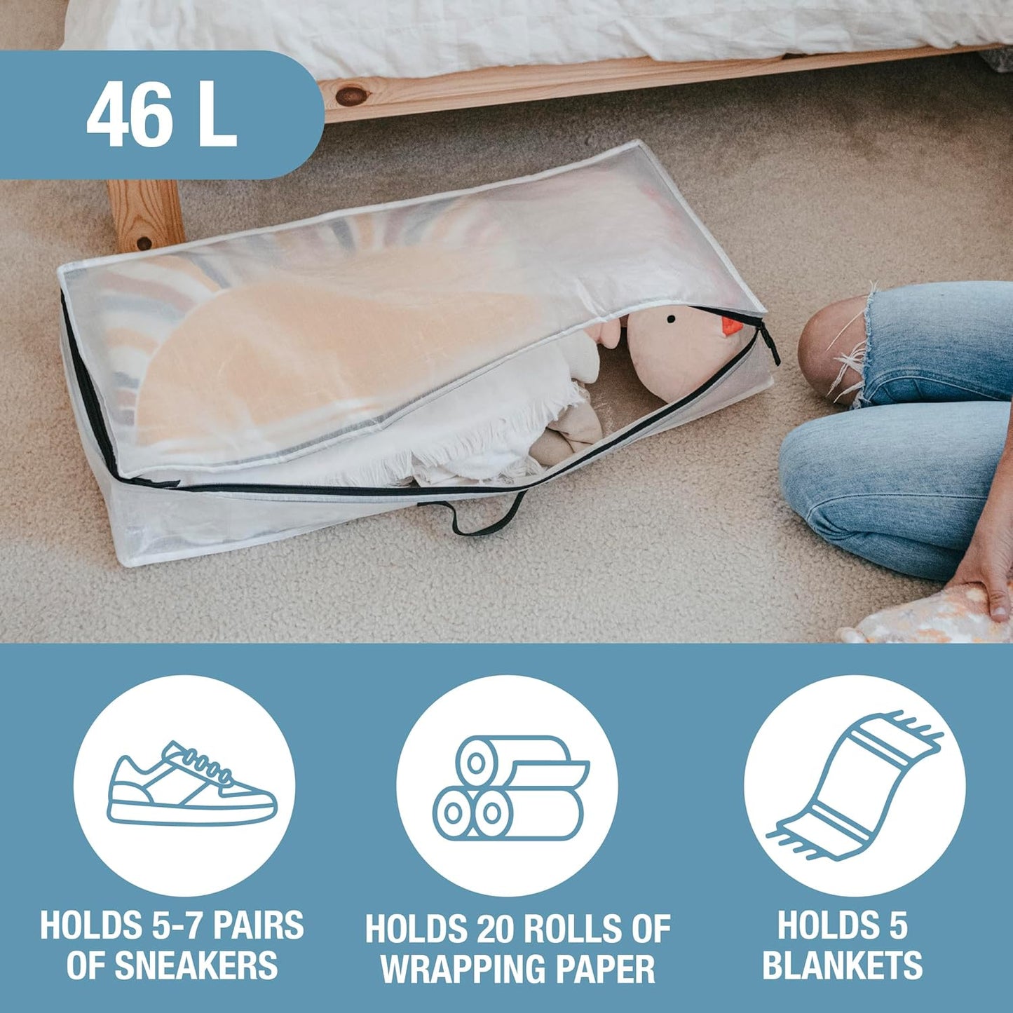 CleverMade Under Bed Storage Bag - 46L - Pack of 2 - Transparent - Collapsible Storage for Shoes and Clothes Easy Use - Heavy Duty Utility Bag Home
