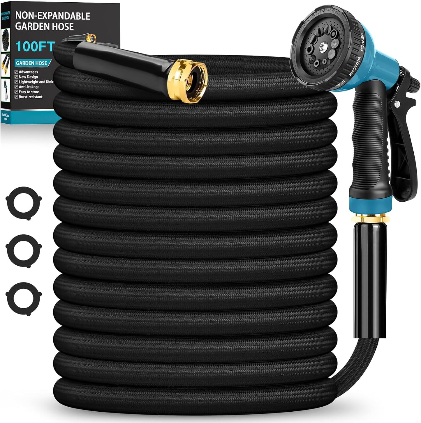 Garden Hose 100FT Non-Expanding, Lightweight Hose With 10-Function Nozzle, Leak-Proof, No-Knot, Easy to Carry, Wear-Resistant, Sturdy 3/4GHT Flexible Water Hose for Yard Garden Outdoor