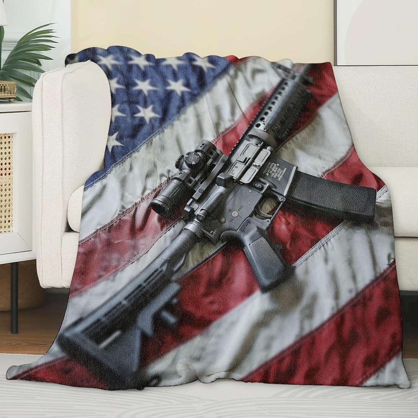 Patriotic Blanket for Couch,Bed,Sofa,Soft Cozy Throw for All Season Gun and American Flag Blankets Home Decor Gifts,Flannel Plush Lightweight Comfort Throws for Adults 50×60inch