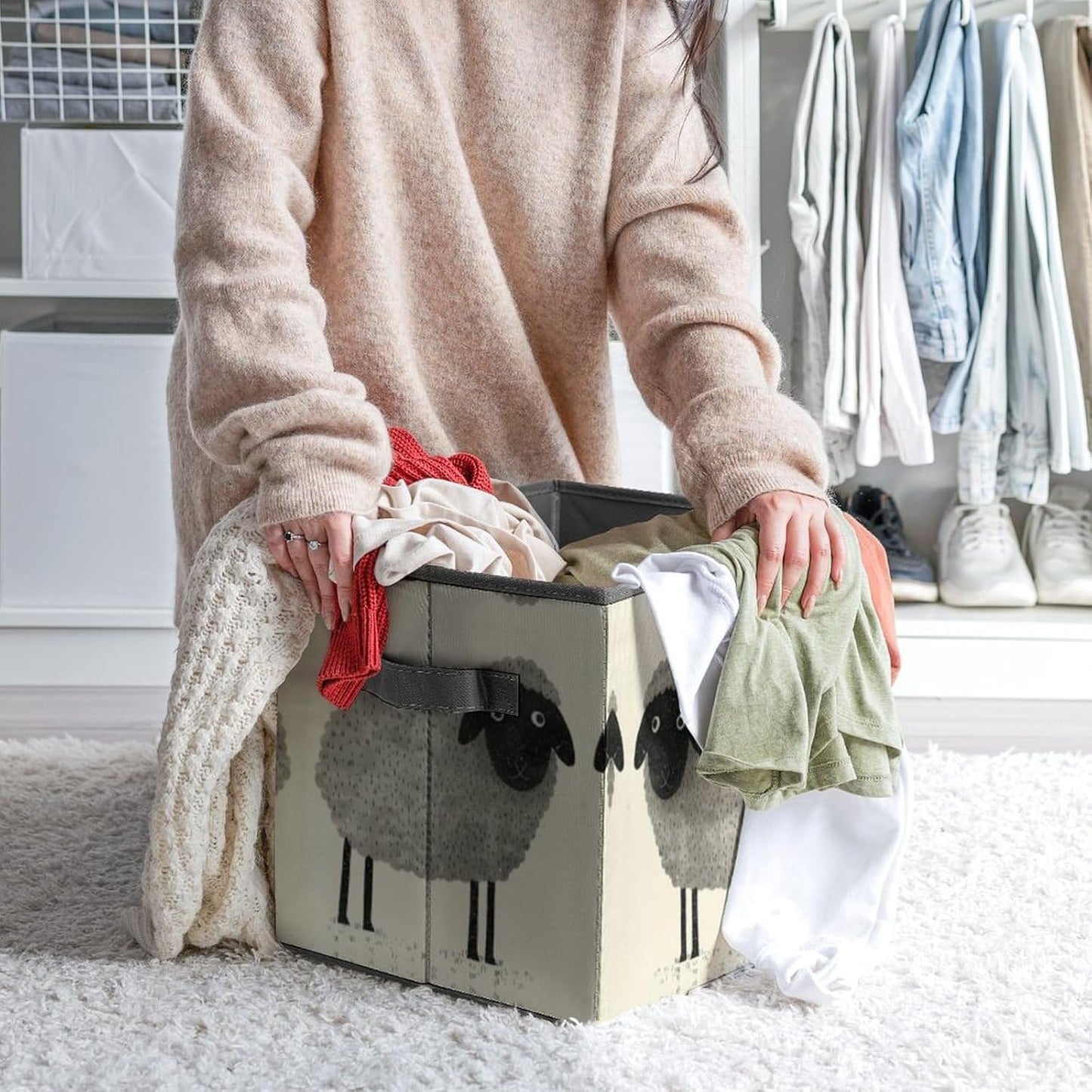 Sheep Storage Bins with Handles Fashion Large Storage Cubes Sturdy Foldable Storage Boxes Space-Saving Storage Baskets for Home Office Clothes Closet Organizers