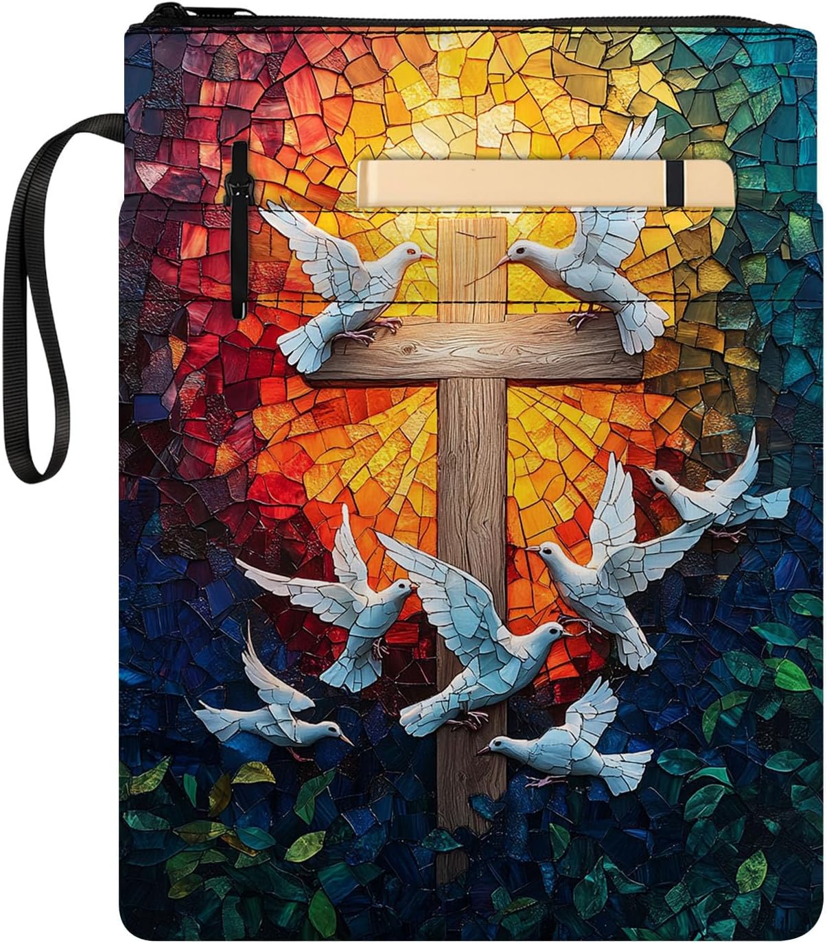 Padded Book Sleeve with Zipper and Front Pocket, Washable Fabric Book Cover for Hardcovers Paperbacks, Protective Book Pouch for Book Lovers & Bibliophiles,Stained Glass Cross Doves