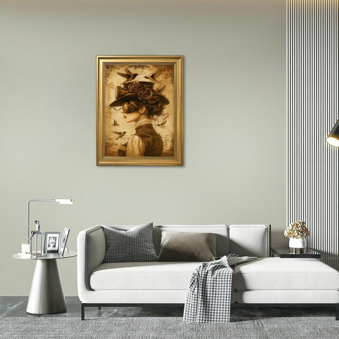 Licpach Gold Framed Dark Academia Wall Art Vintage Abstract Woman Hummingbird Poster Gothic Victorian Female Portrait Canvas Print Moody Mid-Century Aesthetic Artwork for Bedroom Dorm Decor 12x16inch