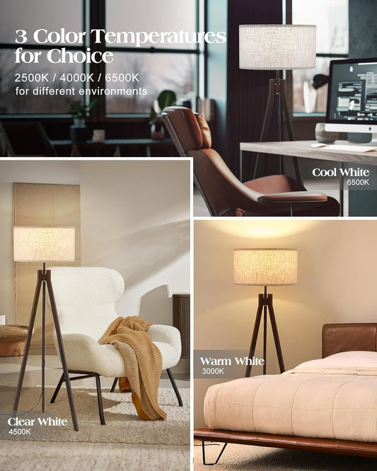 ELYONA Wood Tripod Floor Lamp for Bedroom, 3 Color Temperatures & Linen Shade, Modern Reading Standing Lamp with 9W LED Bulb, Mid Century Night Light for Farmhouse, Living Room, Office, Walnut