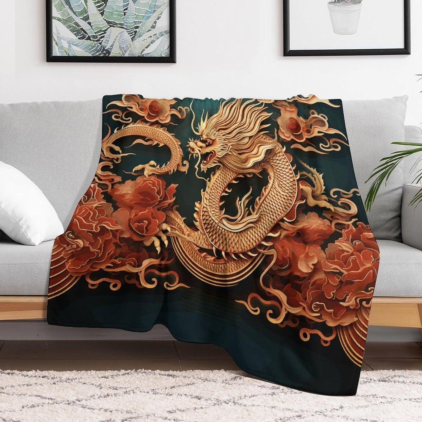 Dragon Chinese Background Throw Blanket for Couch Super Soft Warm Lightweight Throw Blankets Cozy Flannel Bed Blanket Cute Decorative Blankets for All Seasons Home Decor Gift 30"*40"（76 * 100cm）