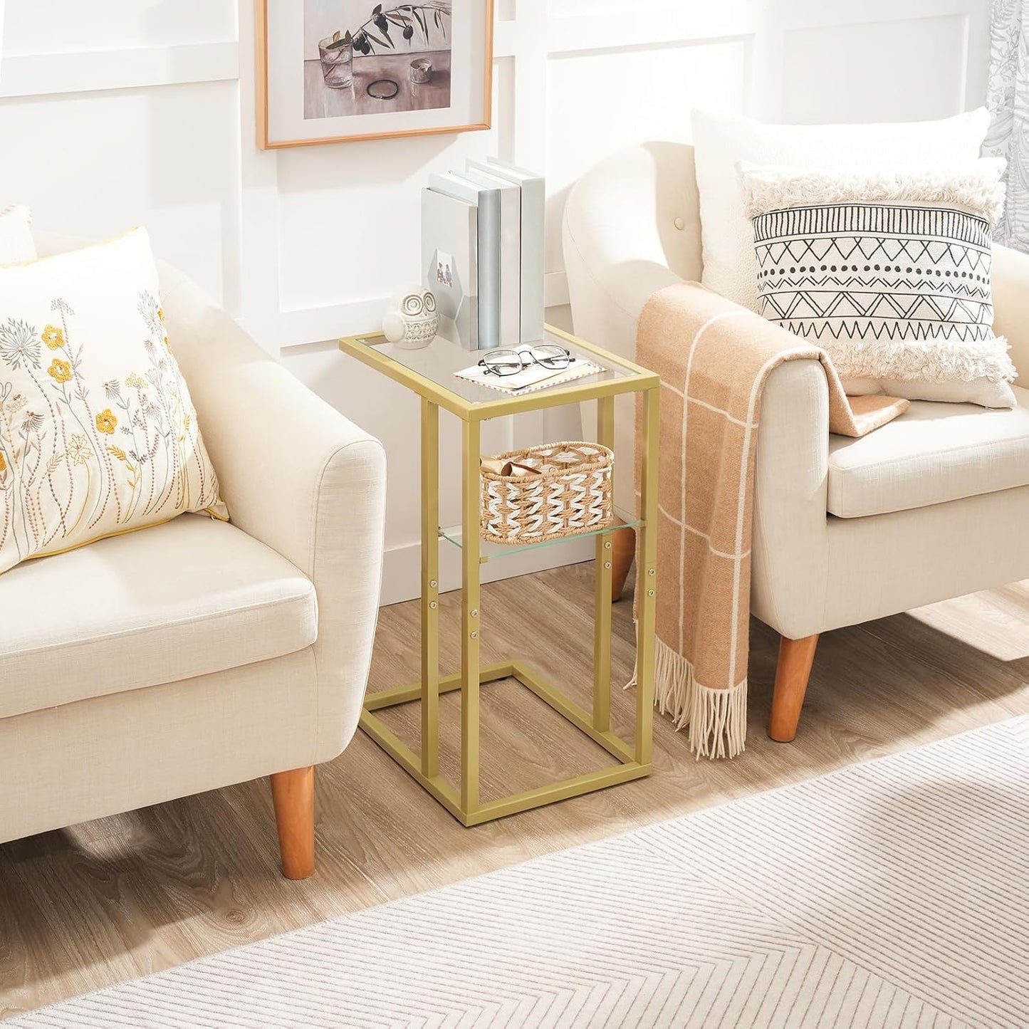 HOOBRO C Shaped End Table, Small Side Table for Couch, Gold Sofa Table with Tempered Glass, Coffee Table, Slide Under Couch, for Living Room, Bedside, Bathroom, Gold GD08SF01