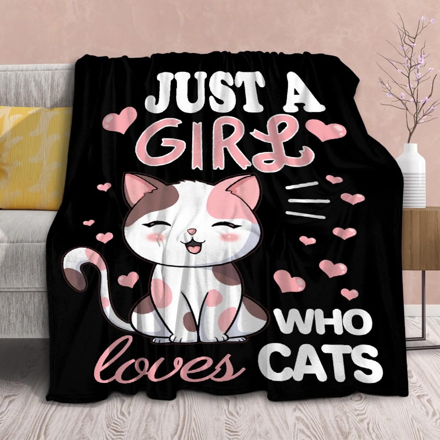 Cat Blanket Plush Gift for Kids Women Comfy Throw-Just A Girl Who Loves Cats-Soft Lightweight Kawaii Kitten Quilt Cozy Sheet Cute Animals Flannel Blankets for Halloween Couch Chair-40x50 Inches