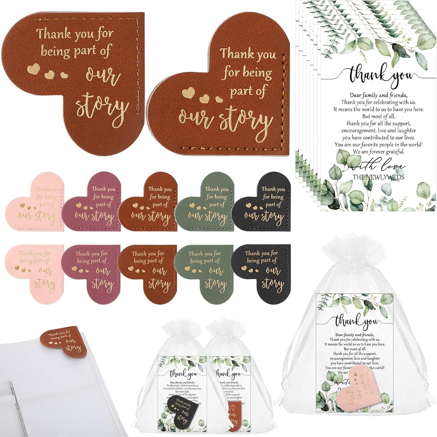 50 Sets Wedding Favors for Guests Bulk Include PU Leather Corner Bookmarks Heart Book Marks Thank You Cards Gift Bags Wedding Souvenirs for Guest Bridal Shower Favors Reading Lover Gifts