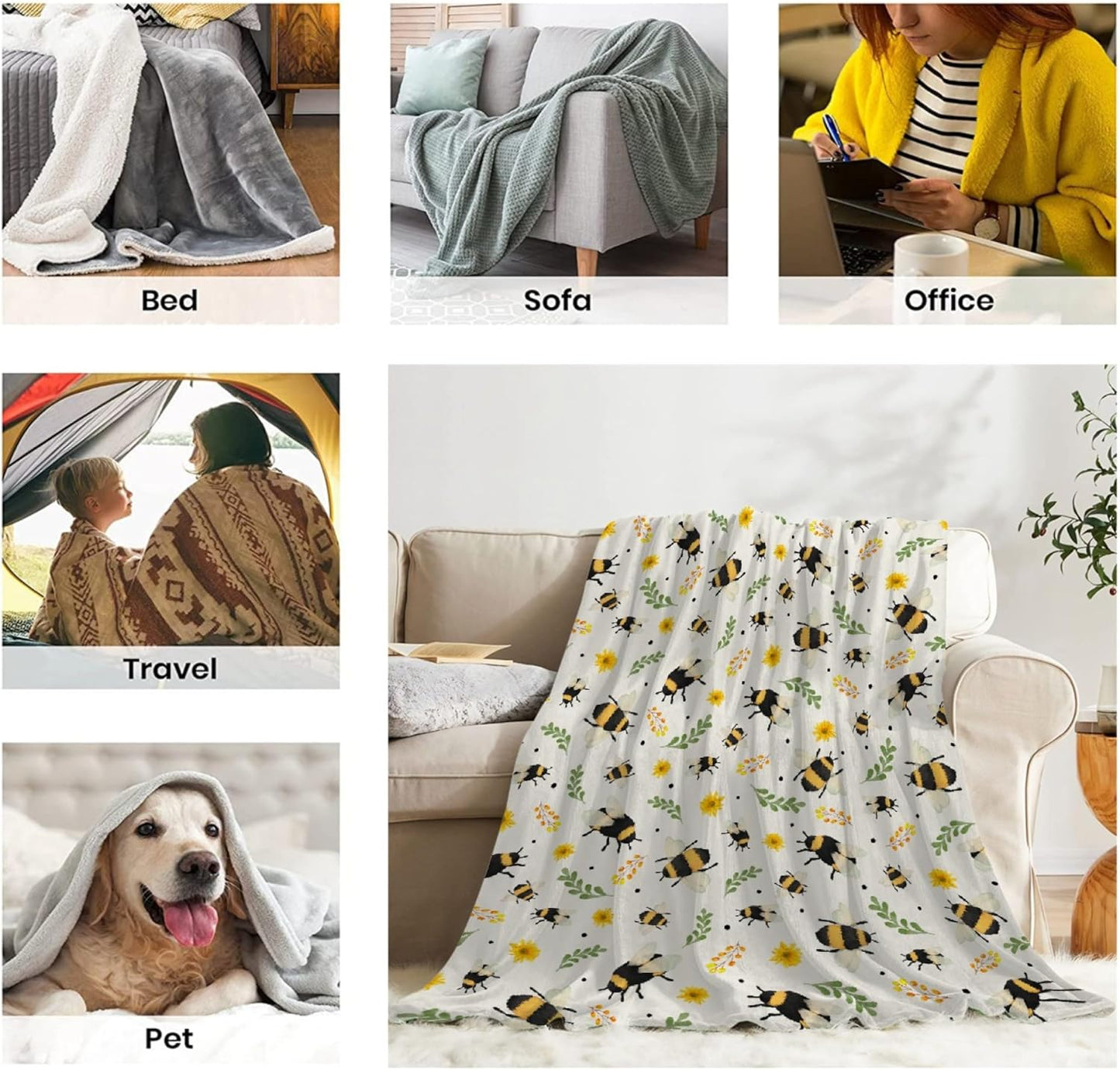 Sunflower Floral Bee Blanket - Plush Flannel Throw for Couch, Bed, Sofa - 40"x50" Flower Decor for Girls Boys - Gift for Bee Lovers - All Seasons
