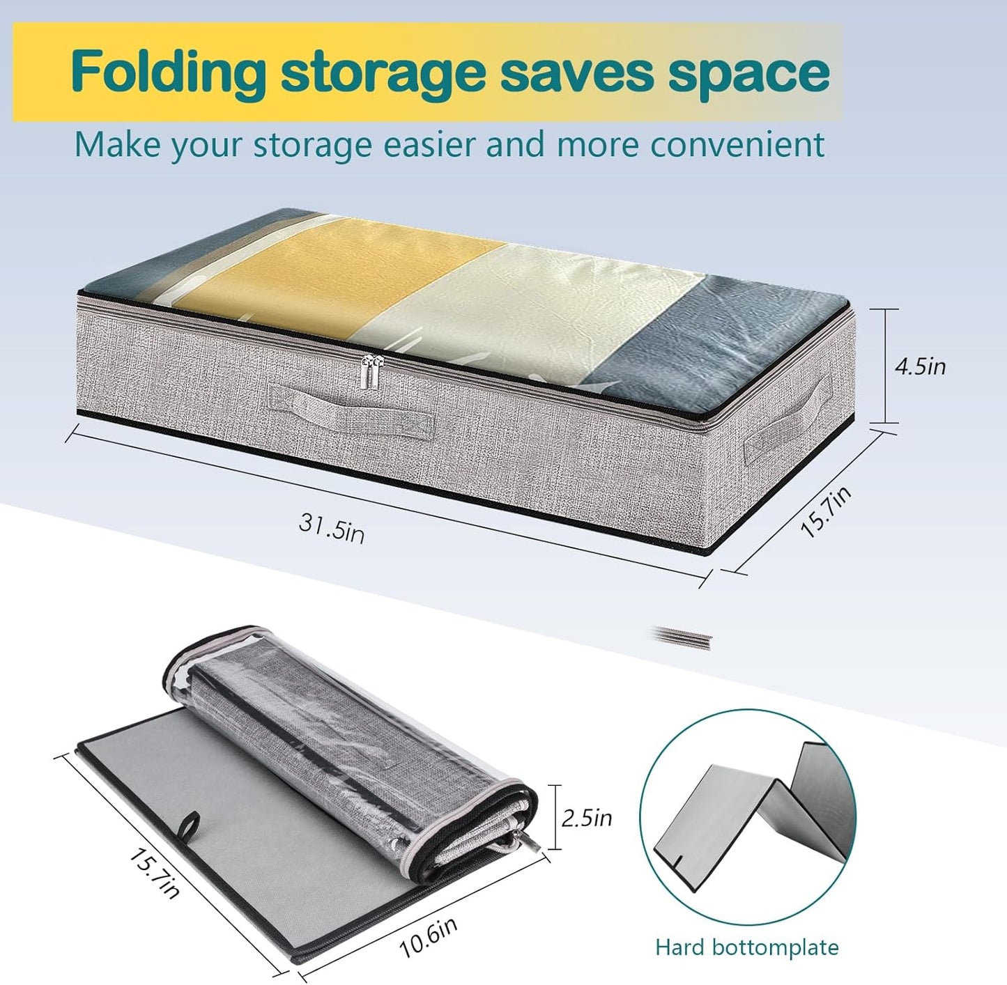 Underbed Storage Containers, Underbed Clothes Organizer Bins with Sturdy zipper, Foldable Under the Bed Storage Bags for Organizing Clothes, Shoes, Blankets, Quilts, Toys, 2 Pack Grey