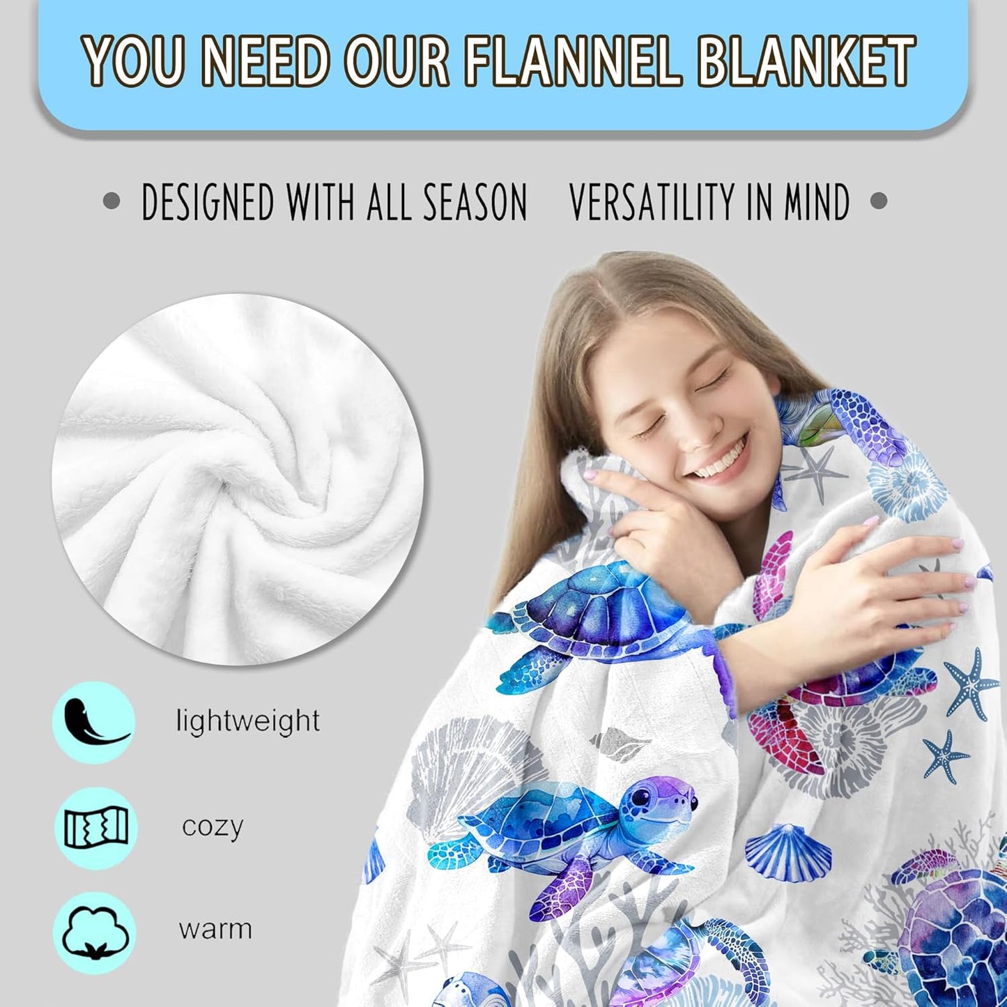 Sea Turtle Blanket Gifts Soft Flannel Turtles Loves Throw Blanket Bedding Decor Ocean Turtle Gifts Stuff Merch for Kids Adults 50"x40" Blue-Turtle