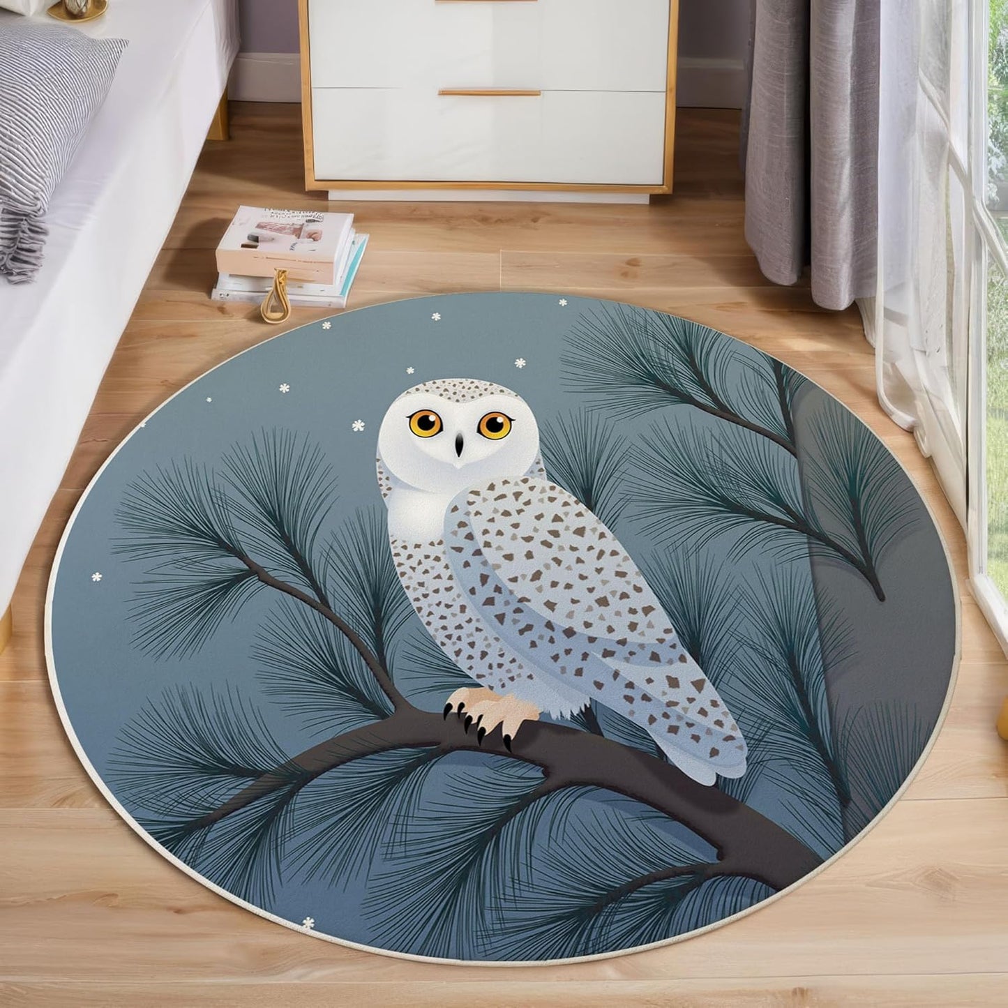 Washable Cartoon Snowy Owl Tree Branch Area Rug, 2Ft Round Rugs for Living Room Soft Carpet for Bedroom Natural Animals Indoor Stain Resistant Non-Shedding Floor Carpet, Blue Gray, 2Ft-Round