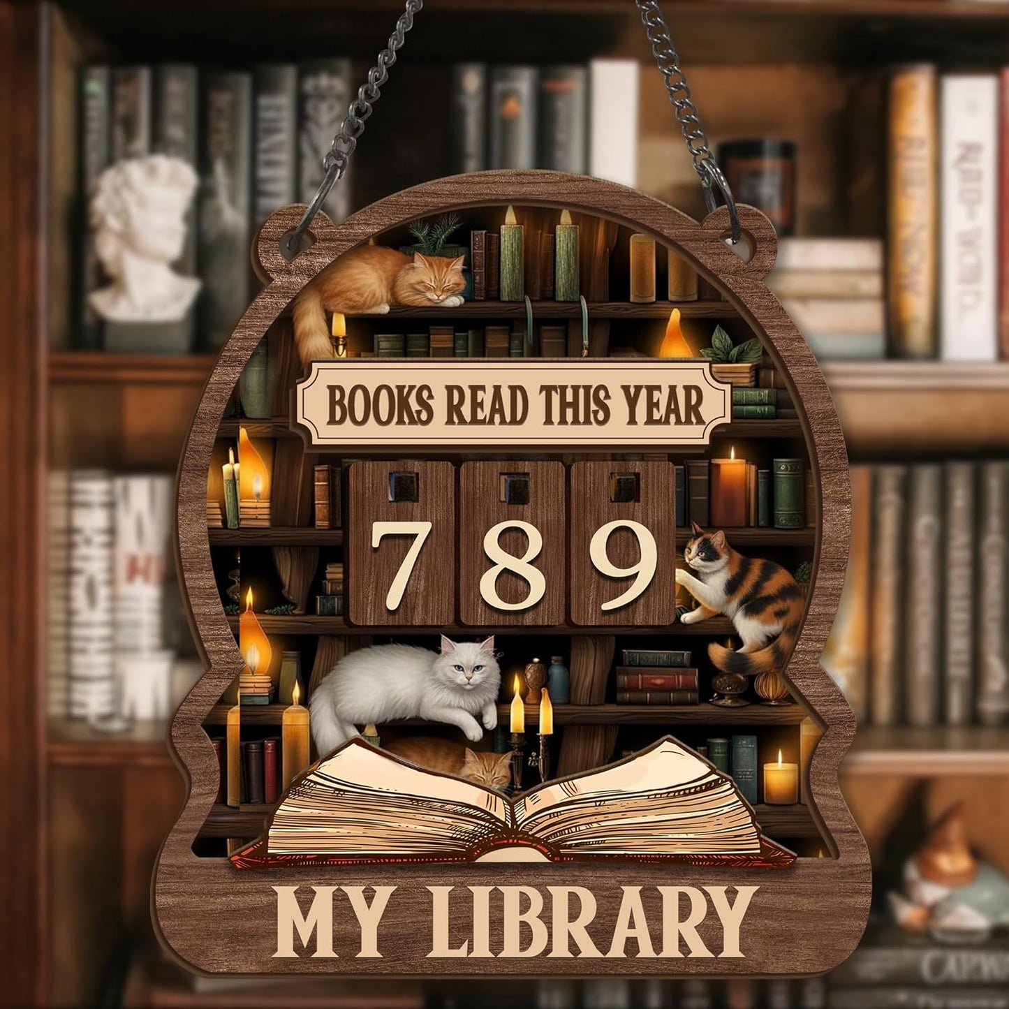 Books Read This Year Counter, Wooden Books Accessories for Book Shelf Decor, Books Reading Tracker Sign with Hanging Chain & Table Stand, Gifts for Book Lover, Reading Challenge Library Bookish Decor