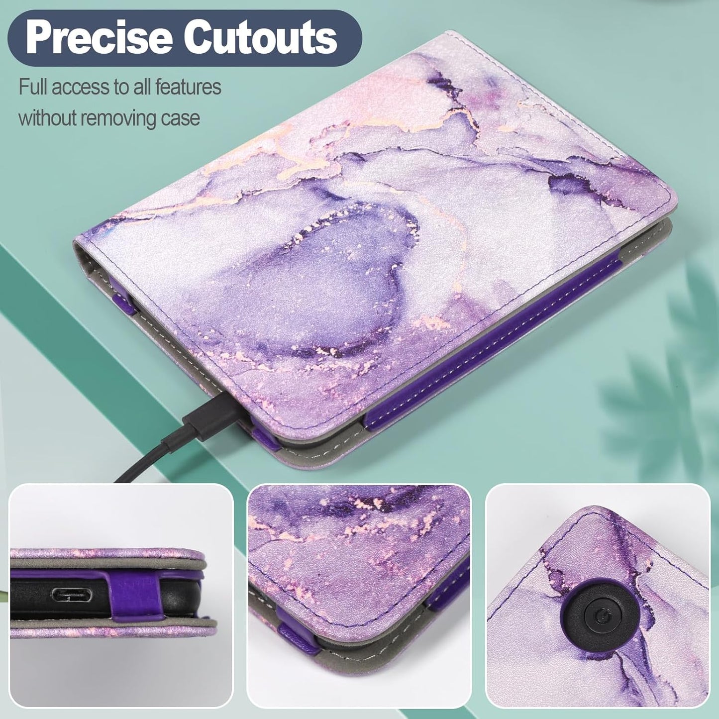 Caweet Case for Kobo Clara Colour/BW 6 Inch 2024 Release, Premium PU Leather Foldable Stand Protective Sleeve Cover with Card Slot and Hand Strap, Lilac Marble