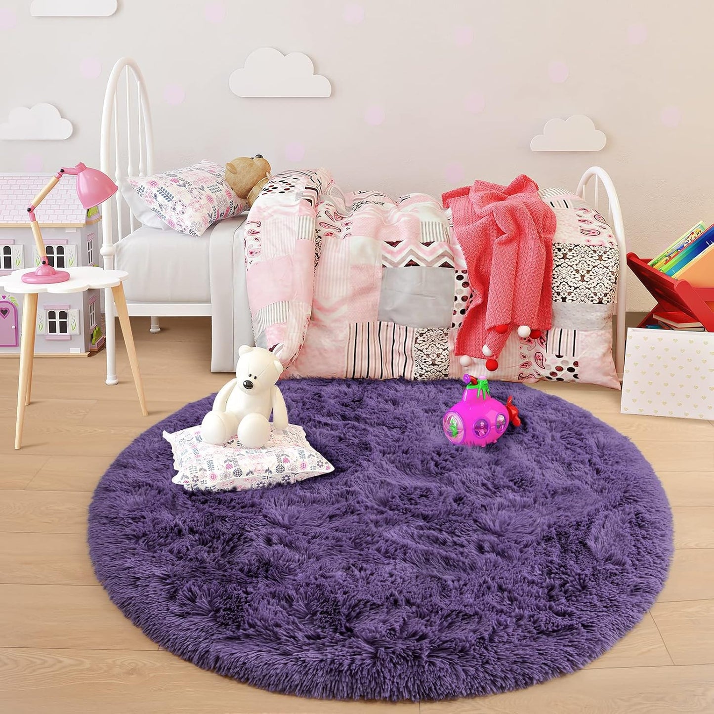 junovo Round Rug 4x4 Feet Fluffy Soft Area Rugs for Kids Girls Room Princess Castle Plush Shaggy Carpet Cute Circle Nursery Rug for Kids Girls Bedroom Baby Room Home Decor Circular Carpet, Gray-purple