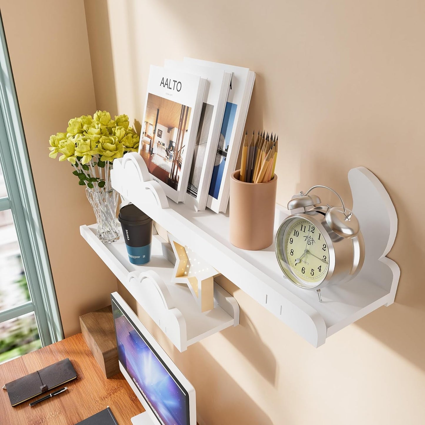 Cute Wall Shelves for Room Decor 2 Pack, White Sun&Moon Bookshelf 16’’L U-Shaped Floating Shelf Wall Mounted, Cute Decorative Cloud Shelves for Books,Plants,Figure, Storage Shelves for Living Room