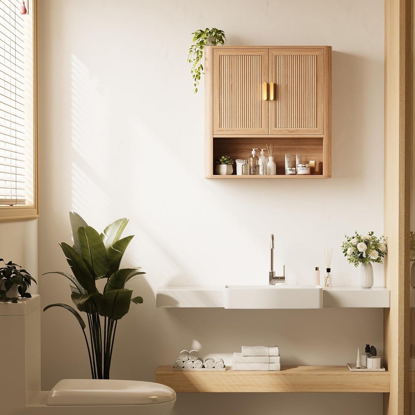 Bathroom Wall Storage Cabinet, Medicine Cabinet with Adjustable Wood Shelf & Doors, Over The Toilet Storage Cabinet for Laundry Room & Living Room Kitchen Storage Islands (Natural Oak)
