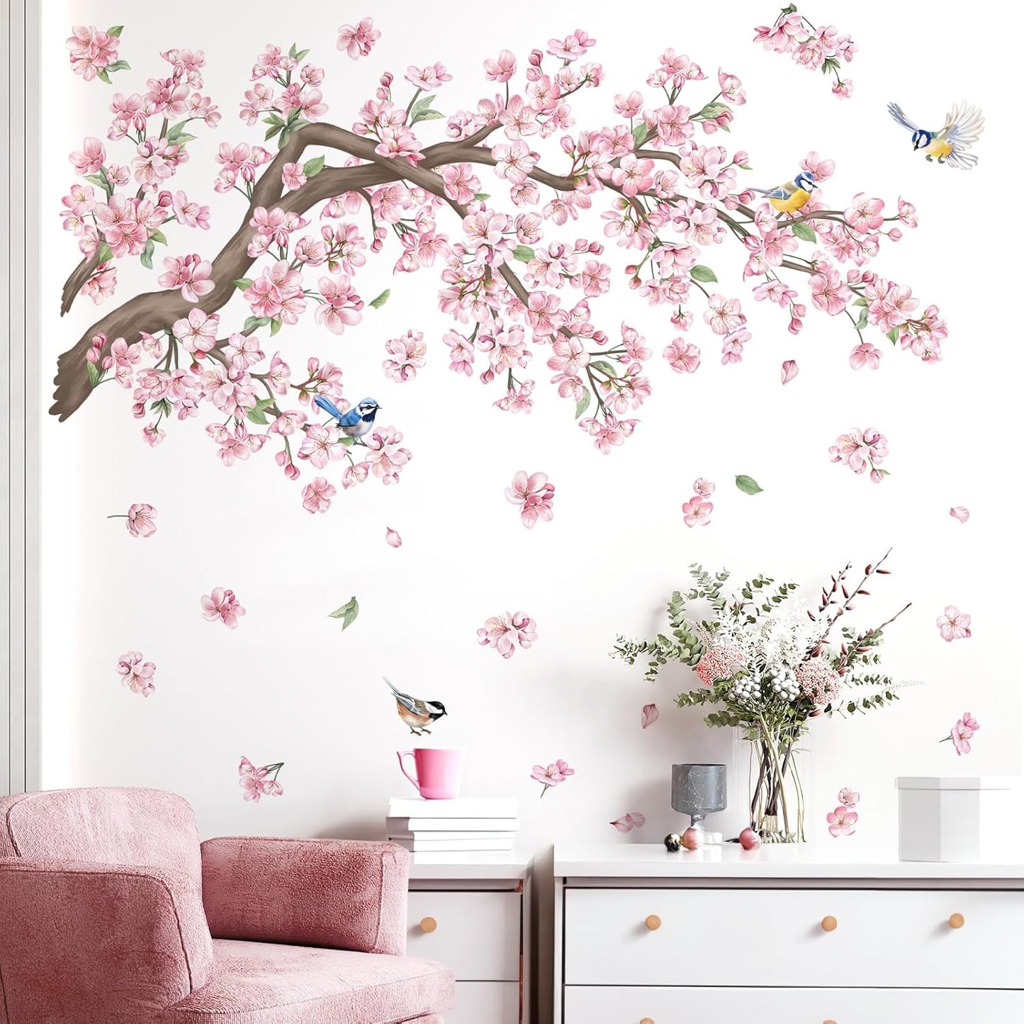 wondever Cherry Blossom Tree Branch Wall Stickers Pink Flower Floral Birds Peel and Stick Wall Art Decals for Bedroom Living Room Sofa