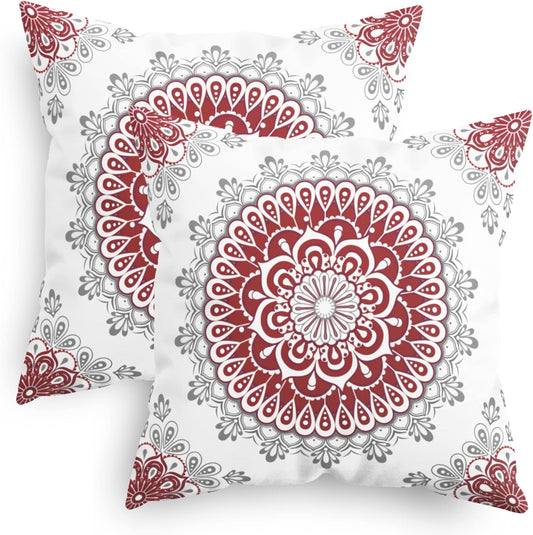 CaliTime Throw Pillow Covers Pack of 2 Cozy Fleece Mandala Dahlia Floral Medallion Compass Style Cushion Cases for Couch Bed Sofa Farmhouse Decoration 16 X 16 Inches Red Grey