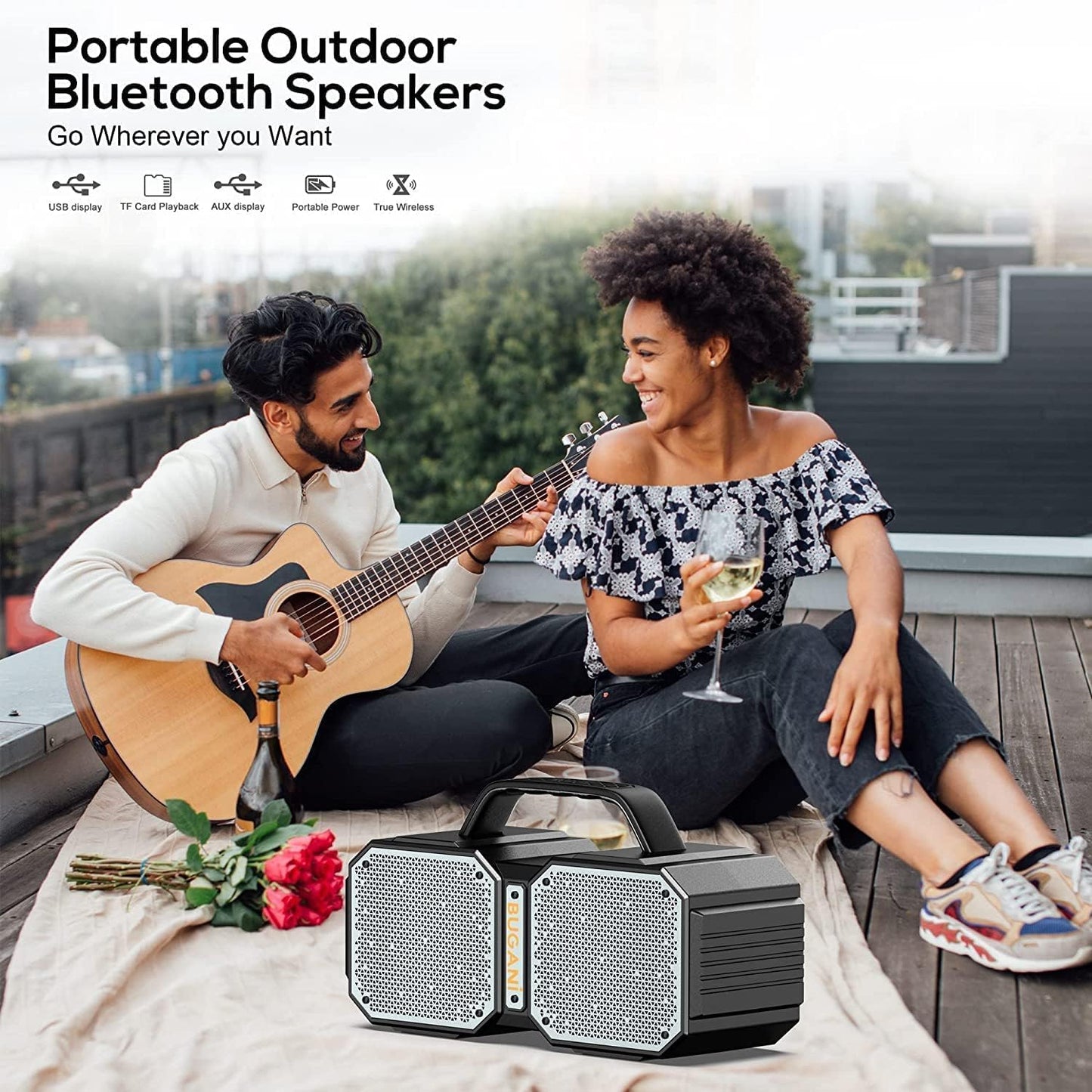 BUGANI Shock Bluetooth Speaker, Portable Bluetooth 5.3, Waterproof, 60W Super Power, Outdoor Speaker, Black(New Model)