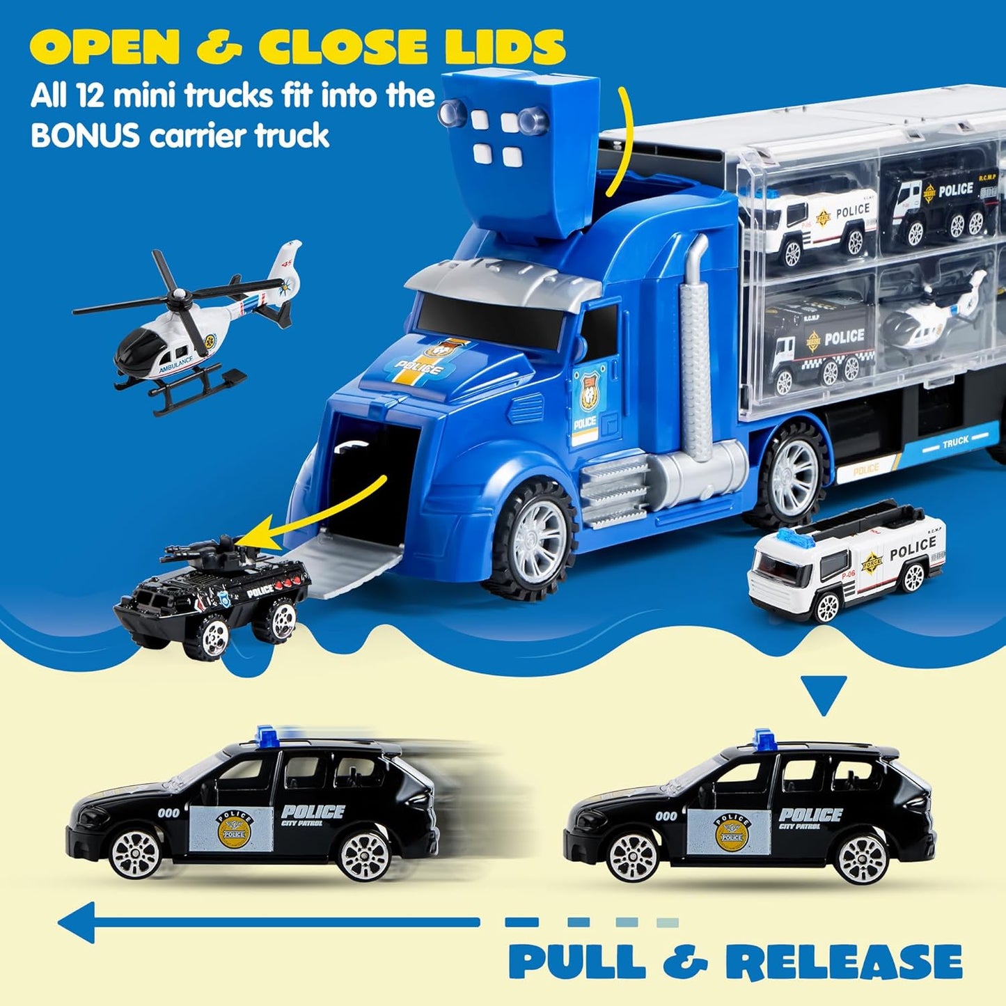 JOYIN 25 in 1 Police Rescue Truck Car Toy Set with Sounds and Lights, Mini Vehicles in Carrier Truck, Play Police Patrol Rescue Vehicle Toy, Birthday Gifts for Over 3 Years Old Boys, Easter Basket