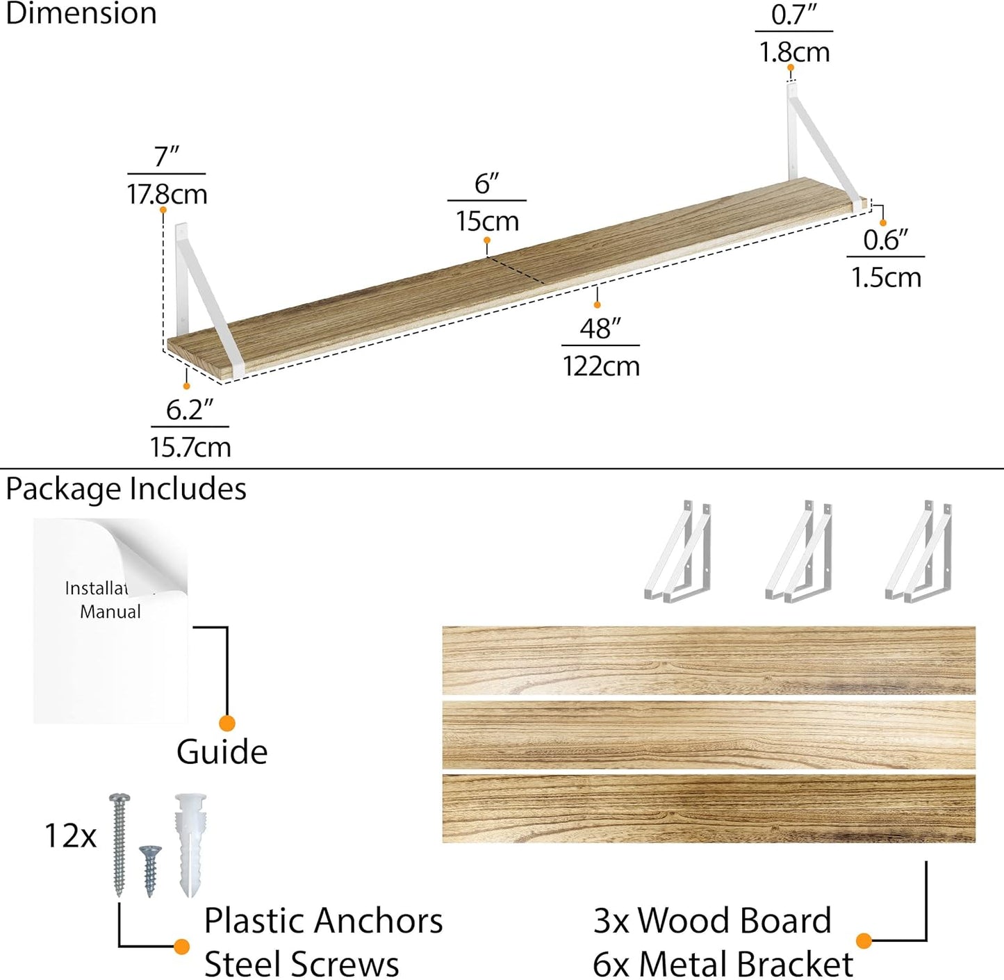 Wallniture Bora Long Floating Shelves, 48" x 6" Wall Bookshelf Living Room Decor, Rustic Wall Mounted Shelves for Bedroom, Office, Kitchen and Bathroom, Set of 3, Burnt