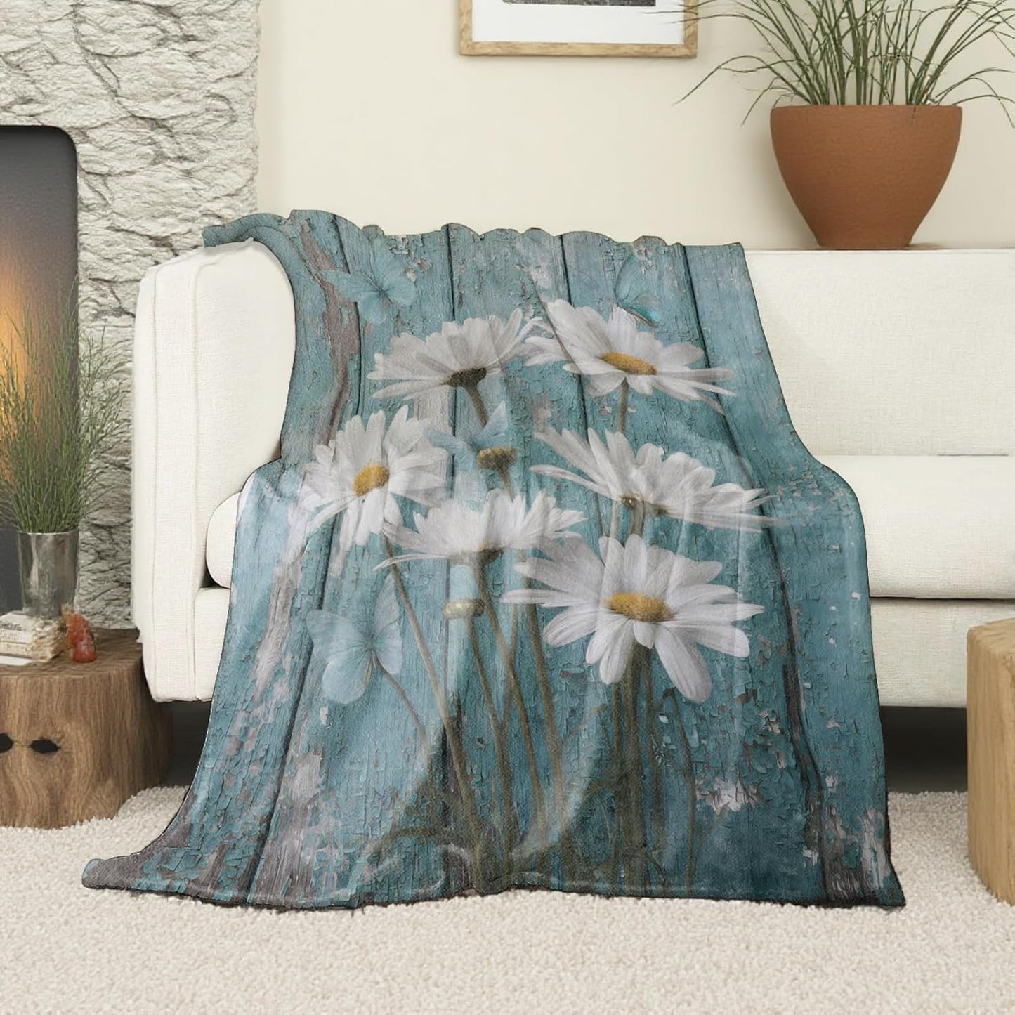 Daisy Flower Blanket, Soft Cozy Lightweight Rustic Blue Wood Background Throw Blanket for Women Girls Mom, Sofa Couch Bed 50x60 Inch Flannel Farmhouse Floral Blankets for Travel Decor Gifts