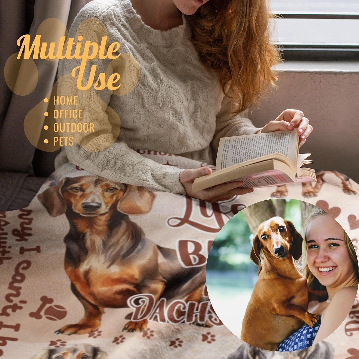 Dachshund Gifts for Women, Weiner Weenie Flannel Throw Blanket for Dog Mom Dad Owner, Beige, 50x65 Inches
