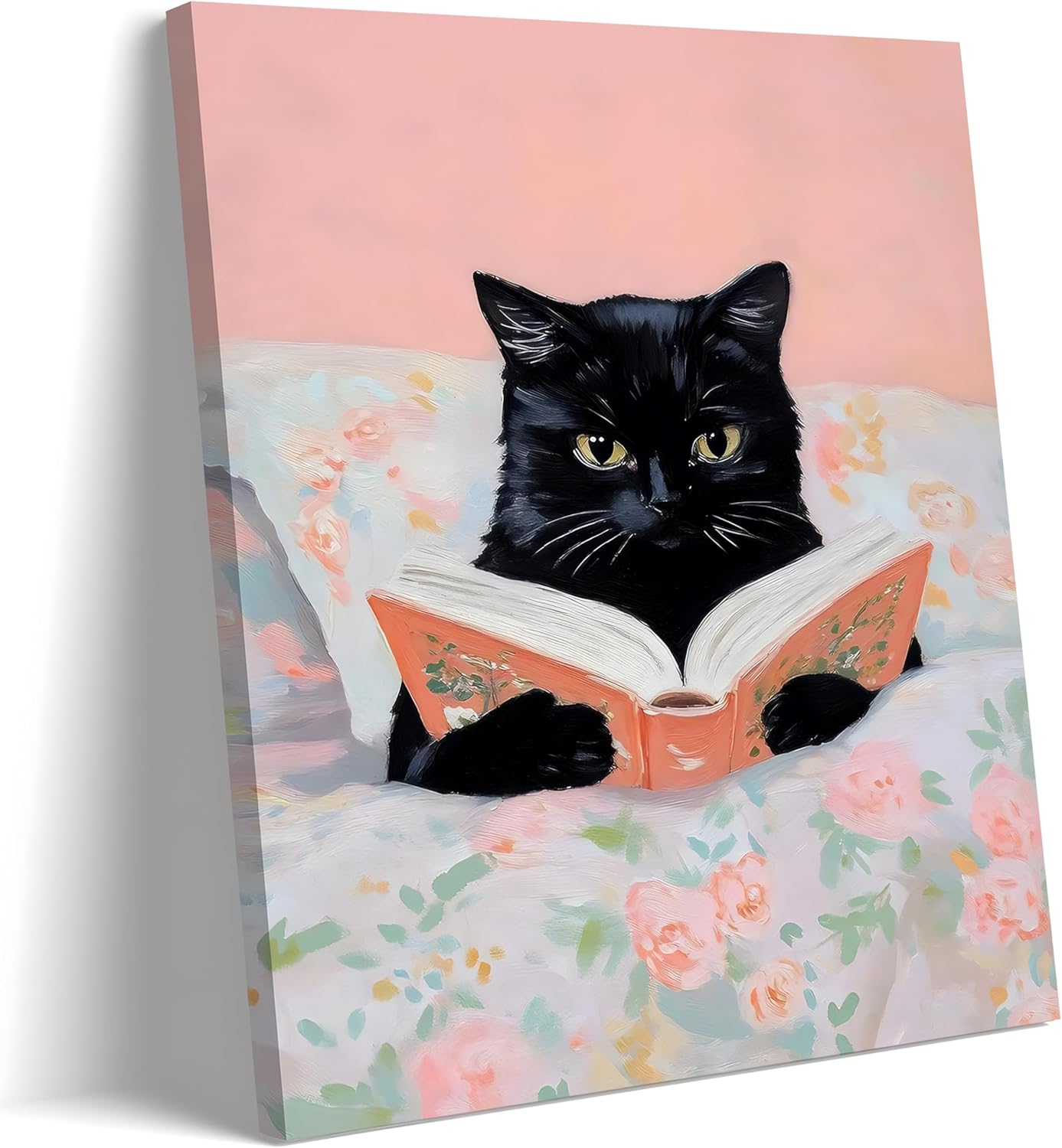 Framed Cats Canvas Wall Art, Funn Black Cat Reading Books Picture Wall Decor, Pink Vintage Animal Poster Prints for Girls Room Bedroom Kids Room Living Room Bathroom Decor 16x24 inch