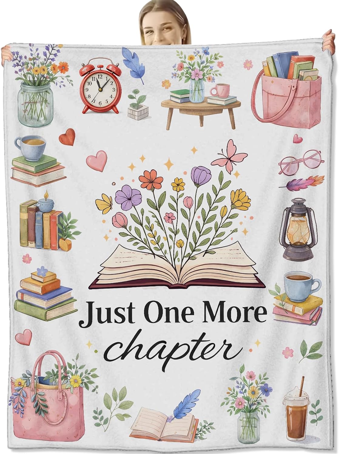 Reading Books Blanket for Book Lovers and Nerd, Flannel Watercolor Floral Blankets, Book Club Gifts, White Soft Warm Cozy Throws for Sofa Couch Bed Living Room Bedroom Home Decor 60" x 50"