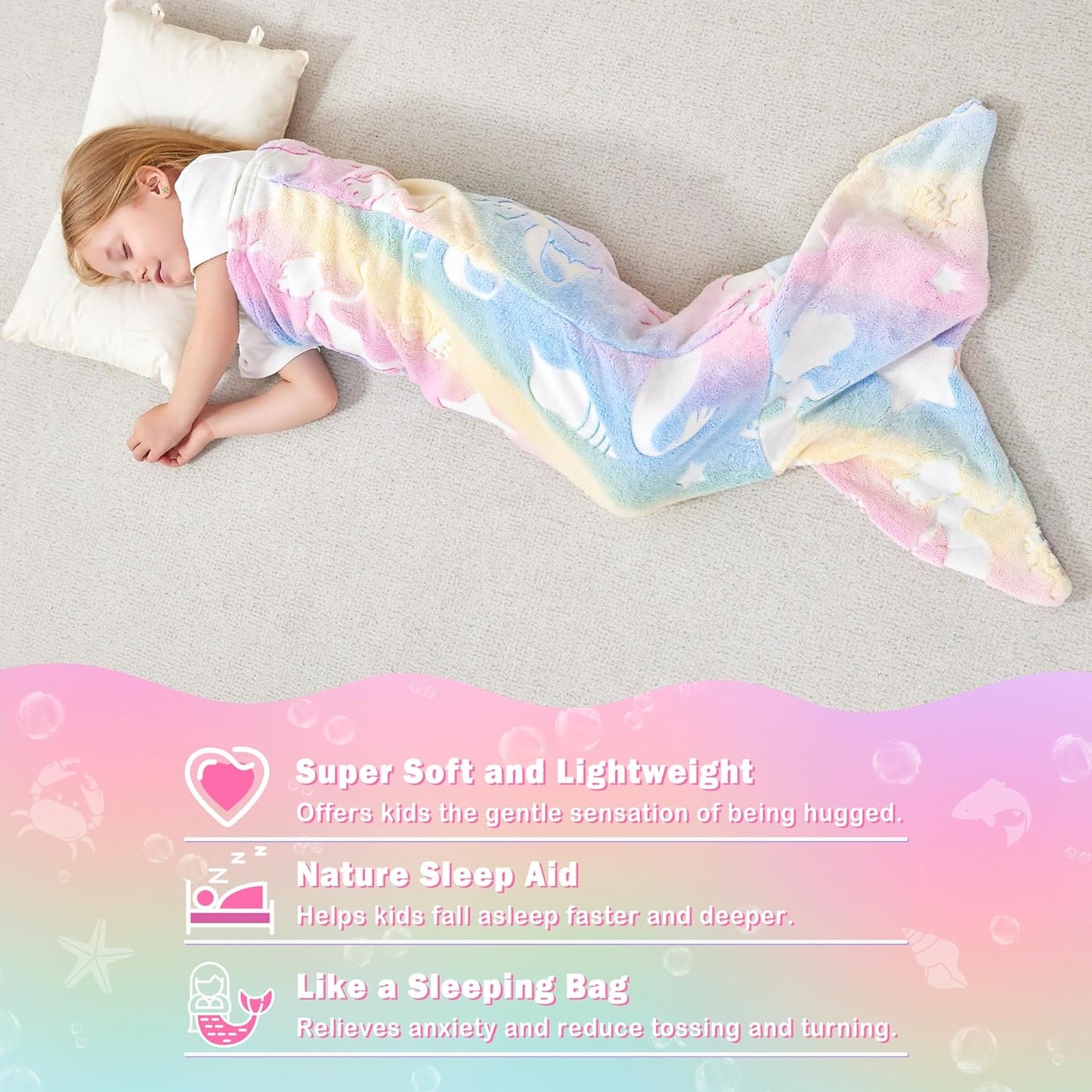 Viviland Kids Mermaid Tail Blanket - Mermaid Tail Blankets Glow in The Dark - Flannel Mermaid Blanket Gifts for Girls - Luminous Unicorn Super Soft Tie Dye Girls - Multicolor Jellyfish 17"×39"