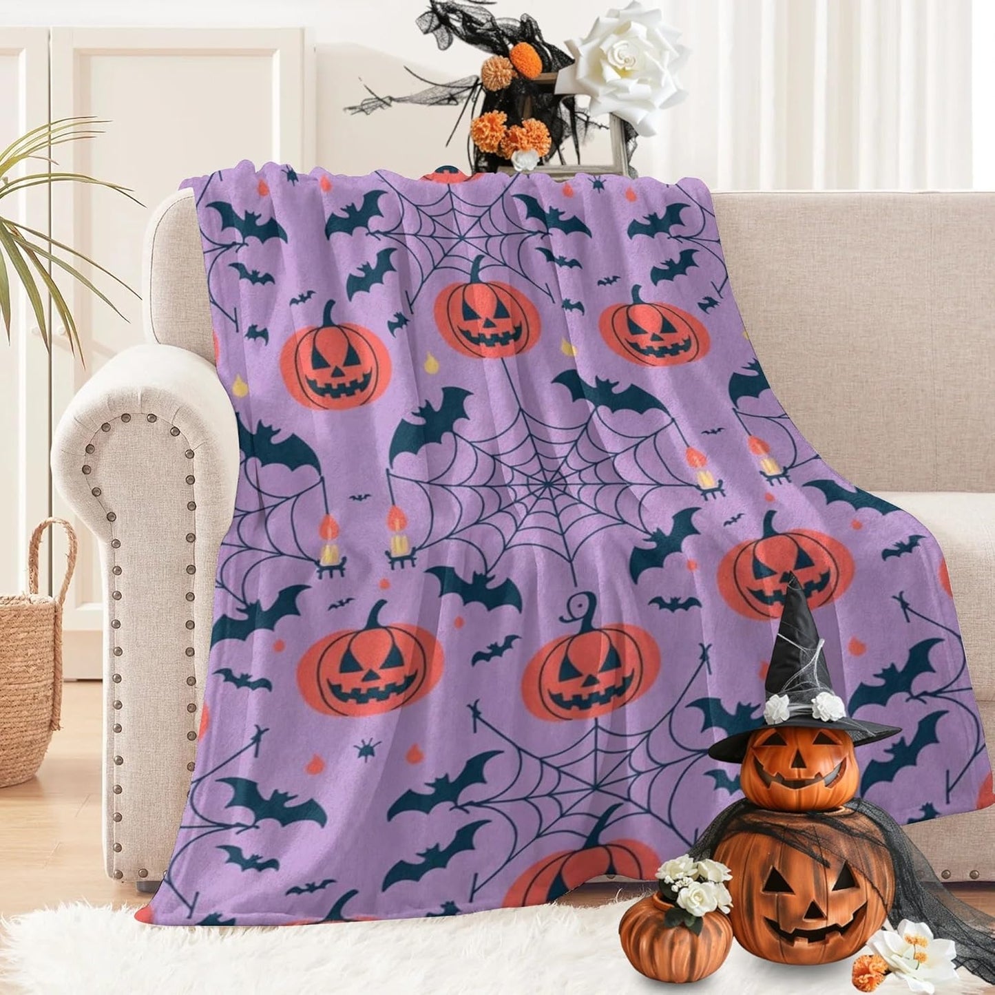 D-Story Halloween Fleece Throw Blanket Fall Pumpkin Blanket for Couch Sofa Bed Room Thanksgiving Gifts for Kids Adults 50" x 60" Purple