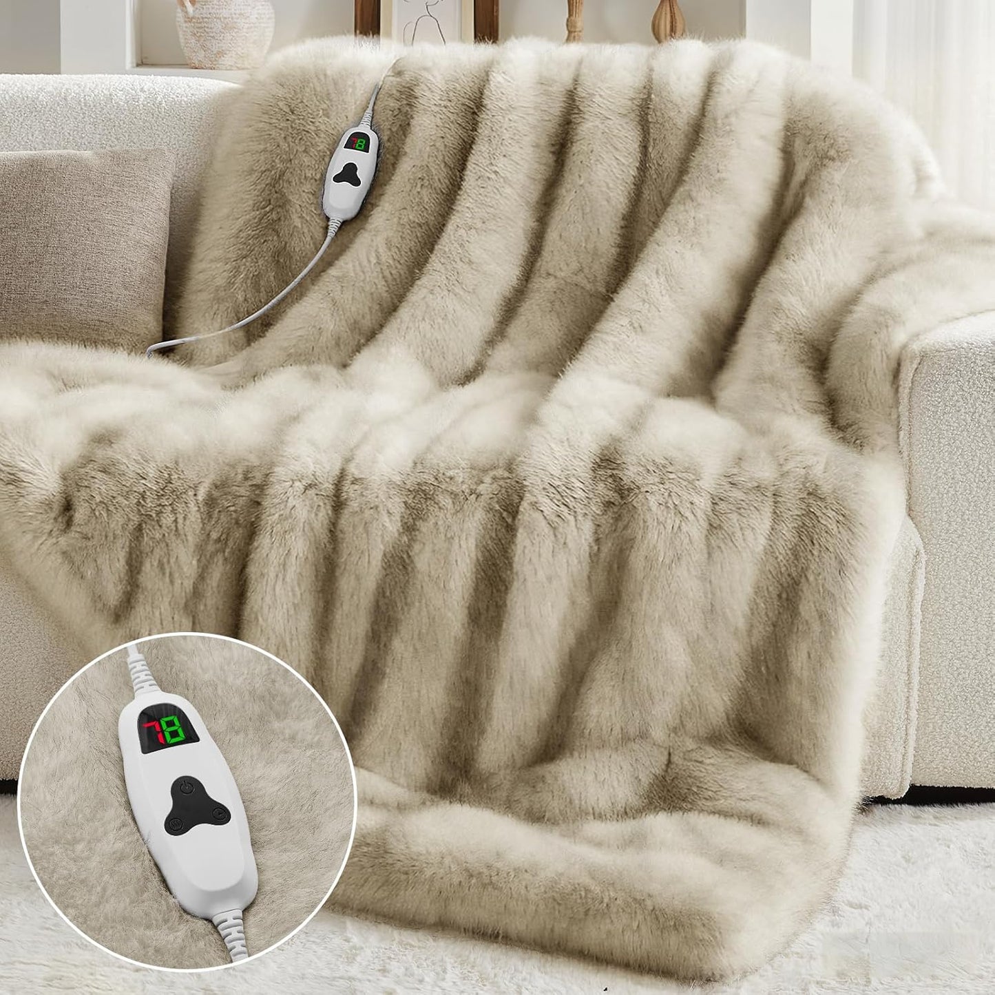 Heated Electric Blanket Throw,Octrot 50"X60" Faux Fur Heating Blanket Luxury Christmas Gifts Heavy Plush with 10 Heats Levels & 8 Hours Auto Off,Super Cozy Warm Fuzzy,Fluffy Decor Winter Warming,Beige