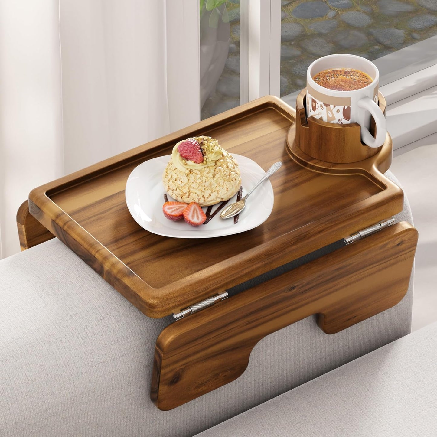 BLUEWEST Couch Cup Holder Tray & Sofa Arm Tray – Large 2-in-1 Acacia Wood Clip-On Side Table with 360° Cup Holder on Armrest, Double SS304 Hinges, Non-Slip for TV Dinners, Remote, Drinks & Snacks