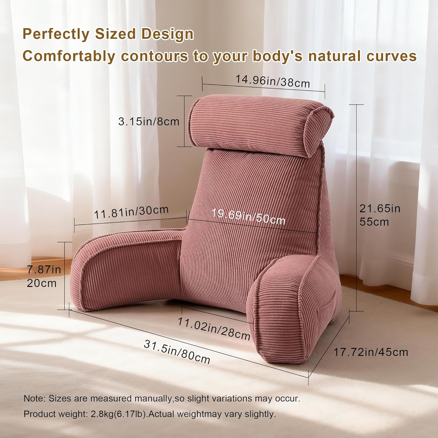 Corduroy Reading Pillow with Arms & Detachable Neck Roll, Bed Rest Back Support, Adult Cushion for Sitting Sofa & Floor, Side Pockets & Washable Cover, Brick Brown
