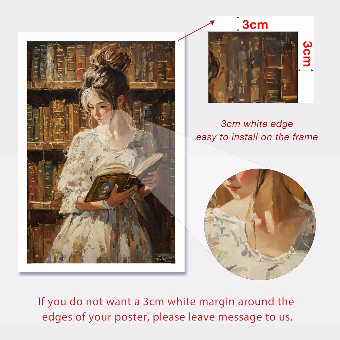 Aozomo Woman in Library Oil Painting Wall Art Vintage Style Oil Painting Canvas Print Female Portrait Oil Painting Pictures Prints Wall Decor Aesthetic Poster (12x18in,A-Unframed)
