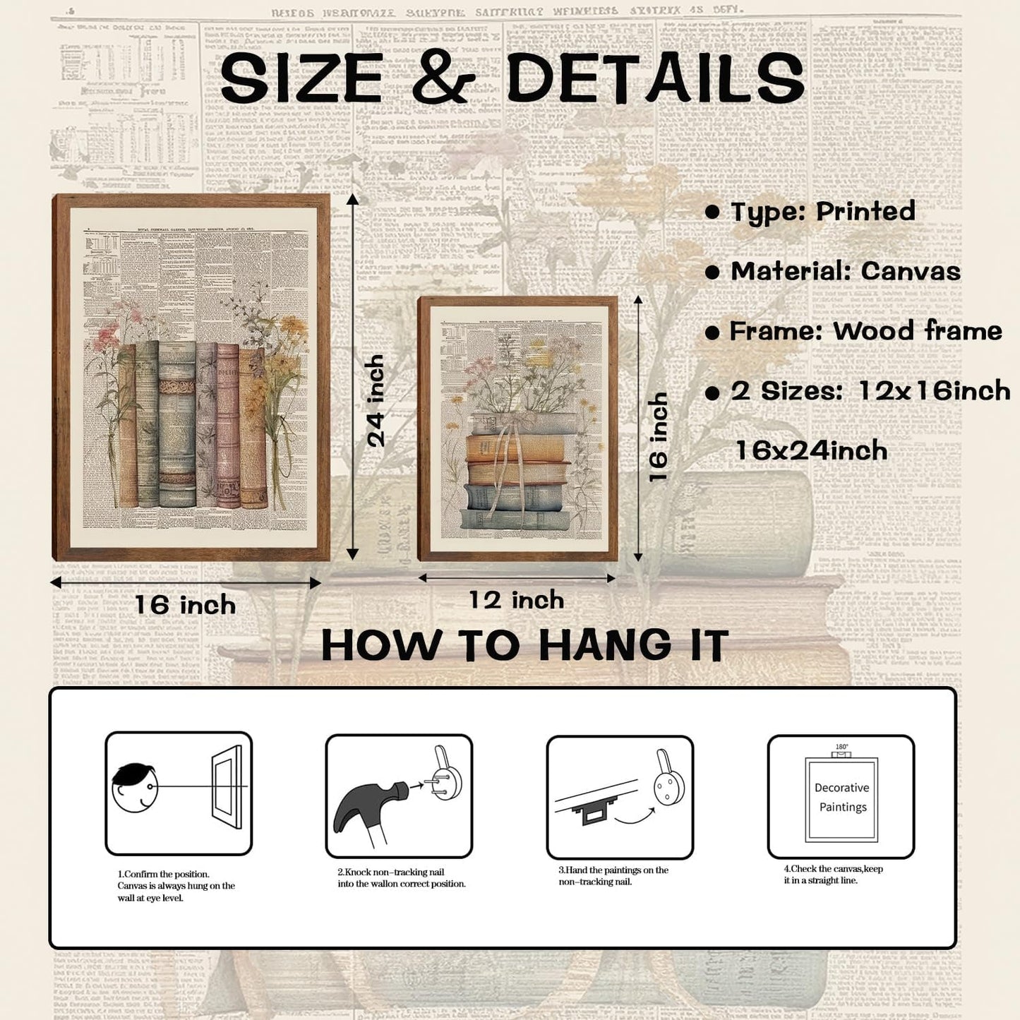 Vintage Book Wall Art Set of 3, Preppy Bow Floral Dictionary Book Canvas Prints, Floral Wildflower Wall Decor for Office Dorm Classroom Bedroom Home Decor 16x24in Wood Framed
