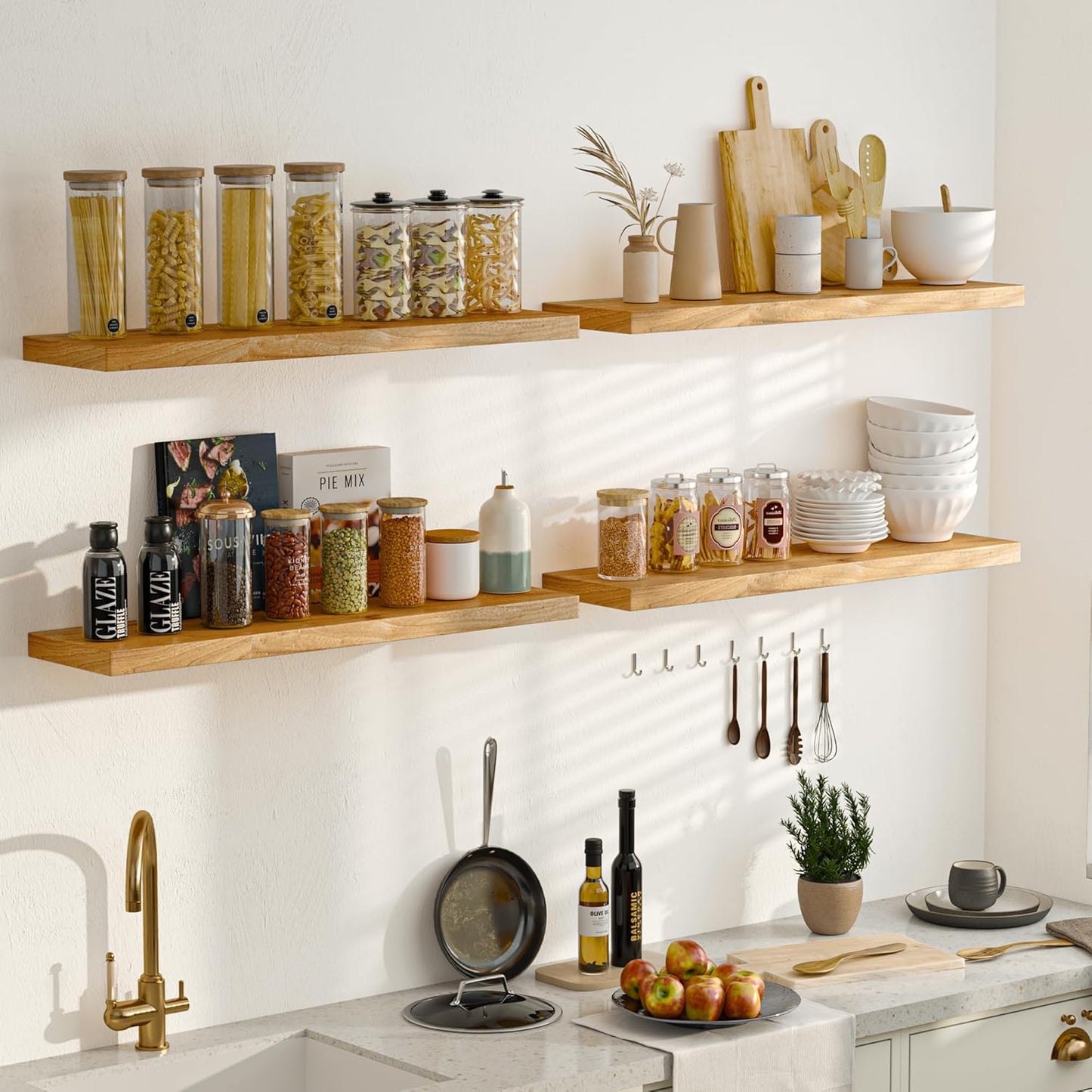 Fun Memories Floating Shelves for Wall, 36" Rustic Solid Elm Wood Wall Shelf, Heavy-Duty Wall Mounted Shelf with Invisible Brackets, Set of 2 for Living Room, Bedroom, Kitchen, Natural Finish
