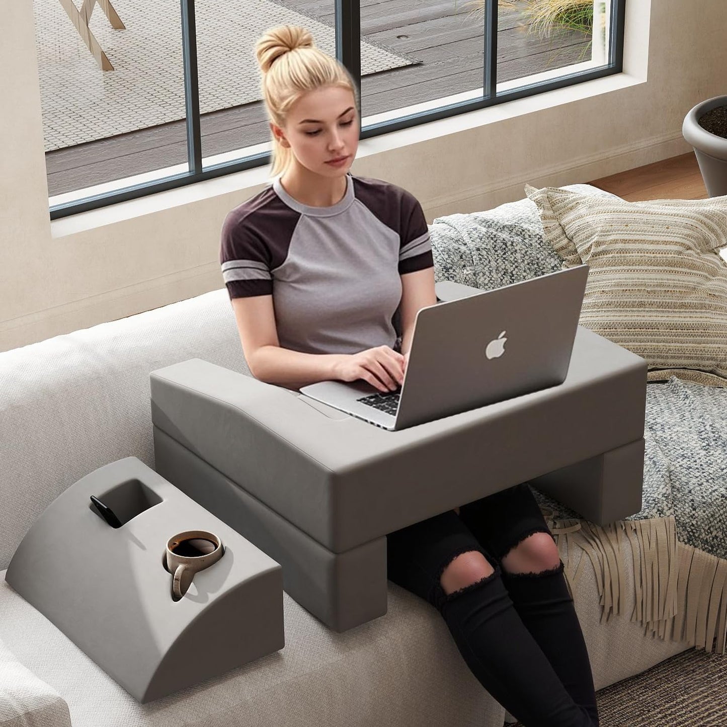 Lap Desk Pillow for Laptop, Large Reading Pillow for Adult, Ergonomic Arm Rest Pillow with Cup Holder, Memory Foam Bed Desk for Working (Reading Pillow + Cup Holder)