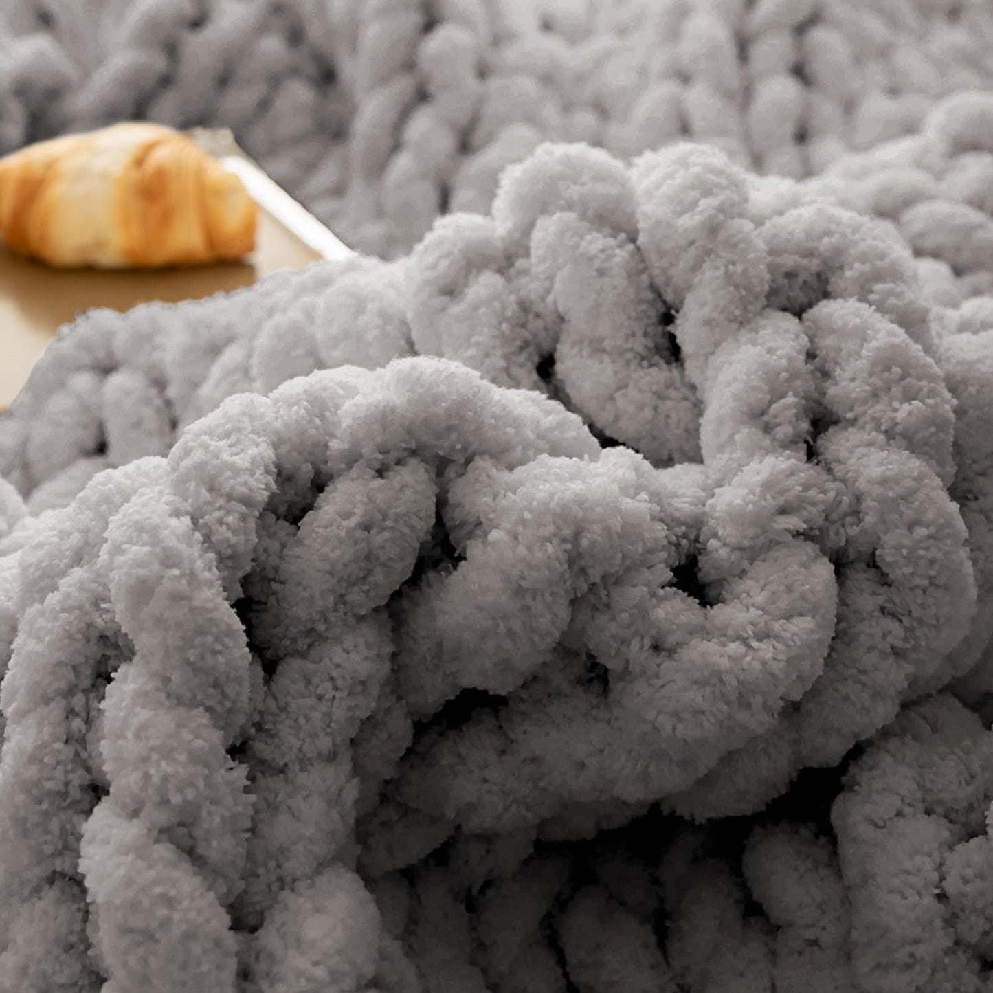 ATMOSURELY Ultra Soft Light Grey Chunky Knit Throw Blanket Cozy Fluffy Chenille Yarn Handmade Cable Knit Crochet Blanket for Bed Sofa Couch 50x60 Inches (Light Grey, 50"x60")